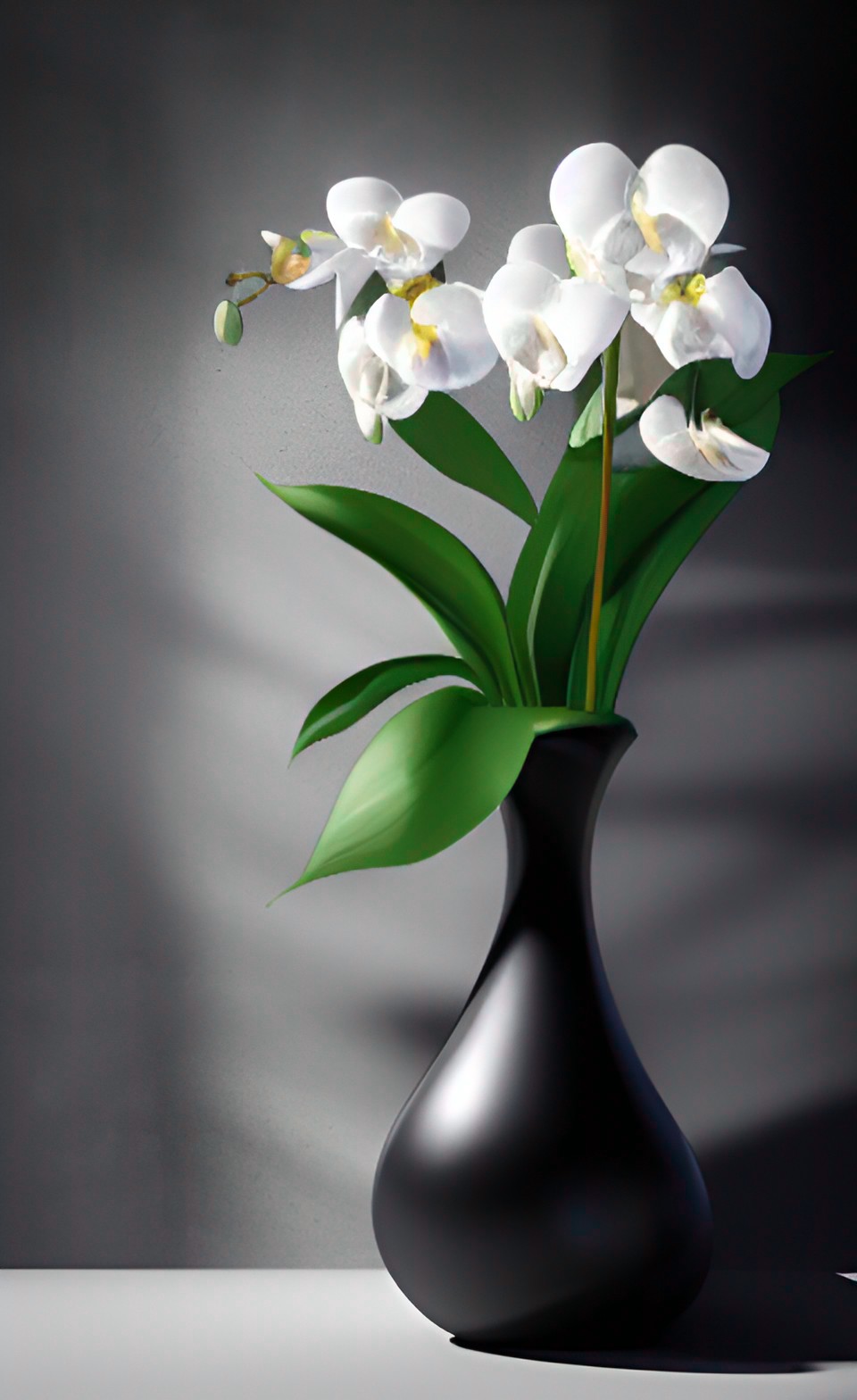 fantasy black orchid flowers in a black vase with a black wall background preview