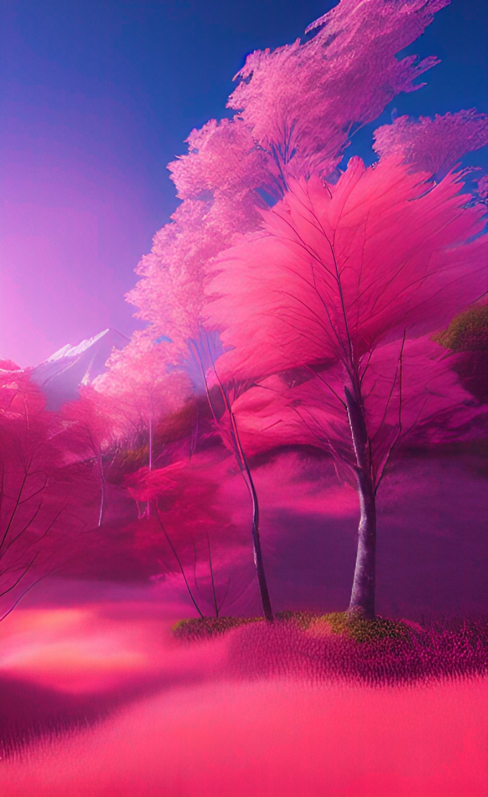 hidden japanese village in the mountains red sun, pink trees preview