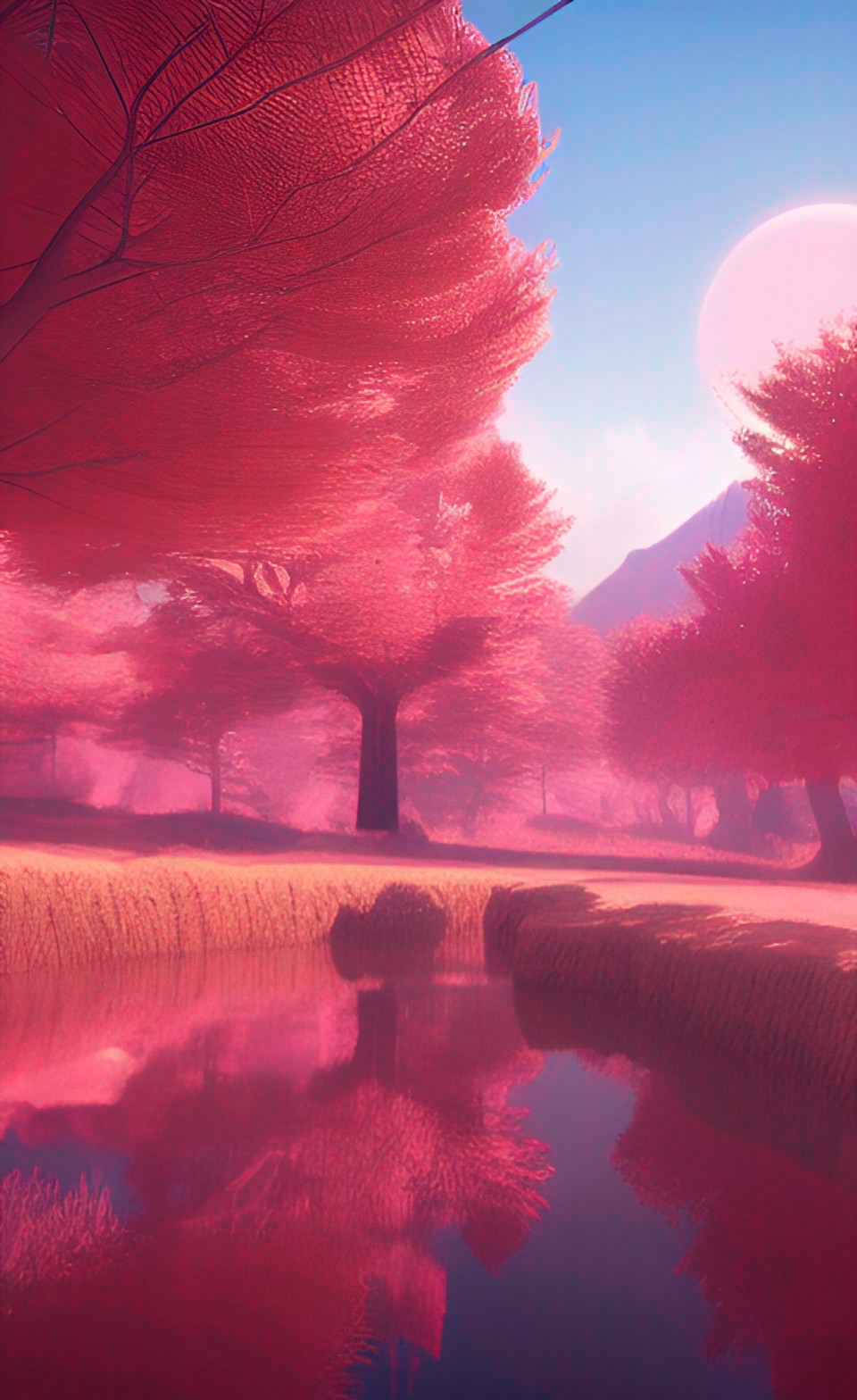 hidden japanese village in the mountains red sun, pink trees preview