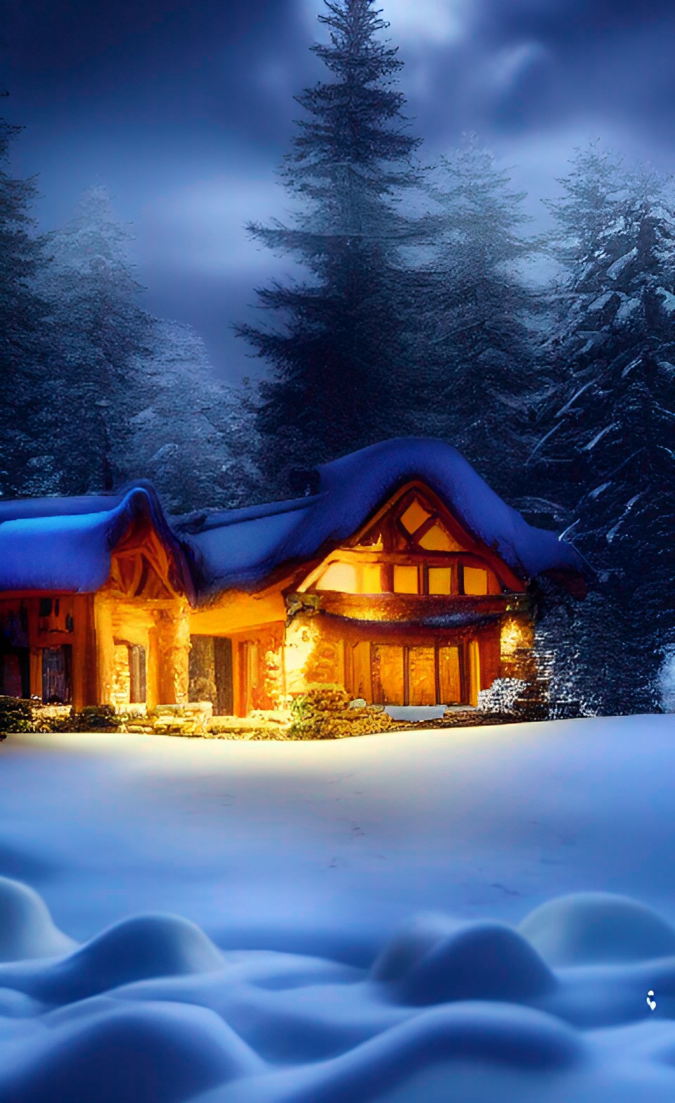 little woos and stone chalet, with warm lights inside into a snowy forest, stormy sky, evening light, high definition, very realistic, very detailed, high resolution preview