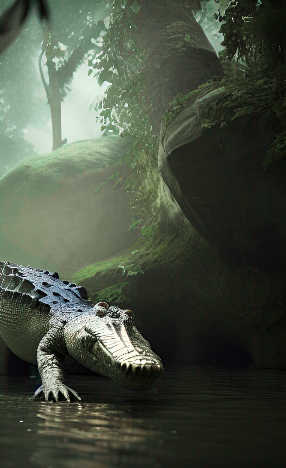 a crocodile on a rock in a swamp preview