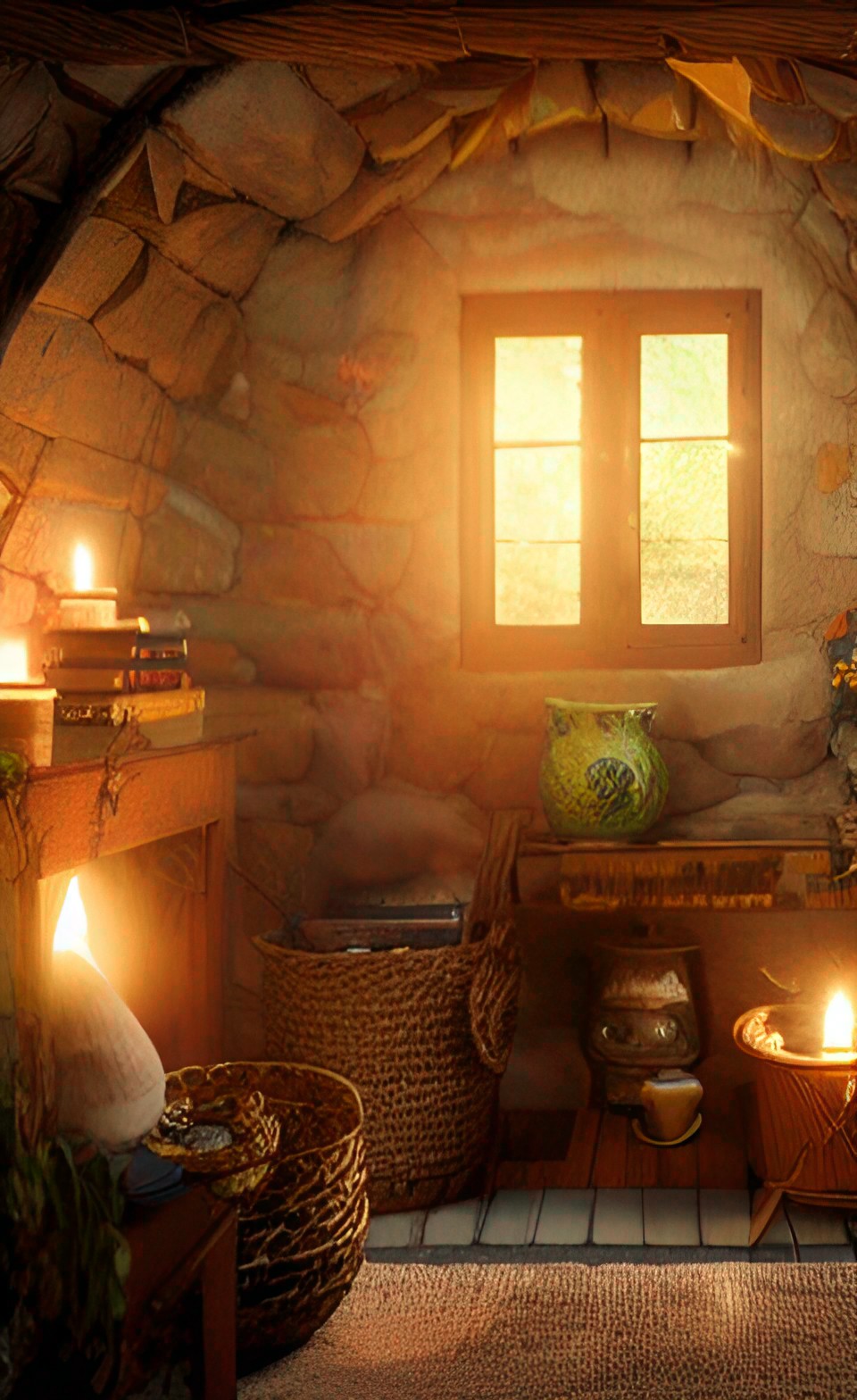 cozy hobbit home, hearth living room, books and woven baskets, candles preview