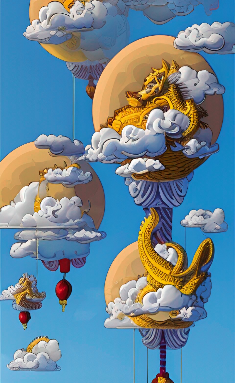 floating island sky land, sunny day, cheerful, flying white dragon, detailed preview