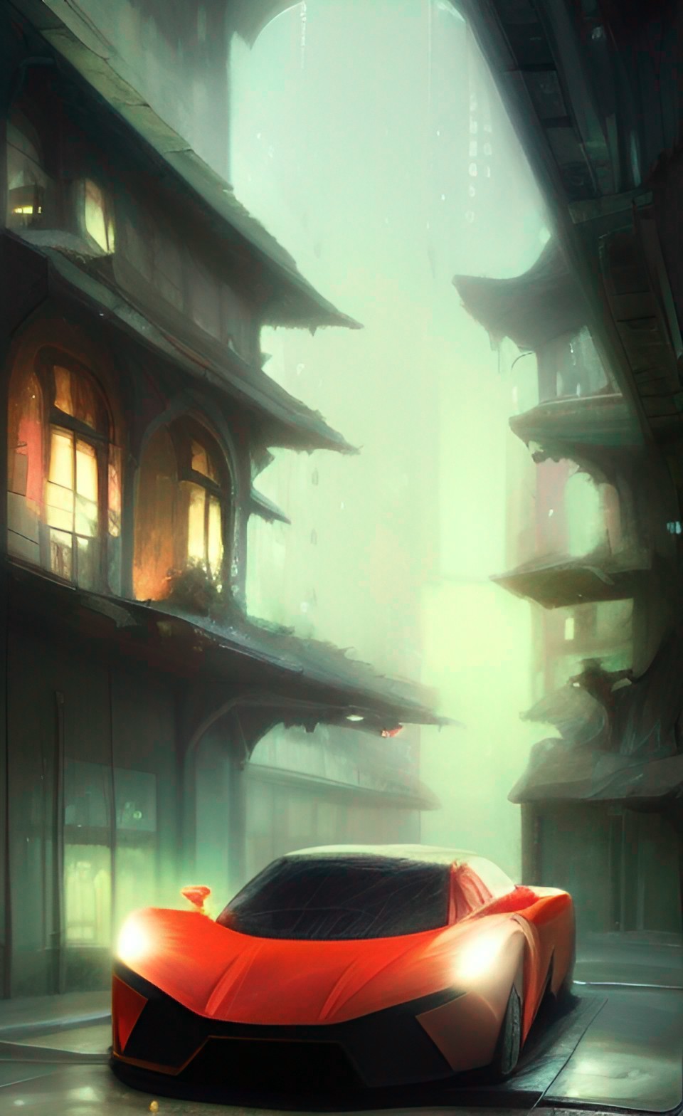 super car driving down a city alley at night preview