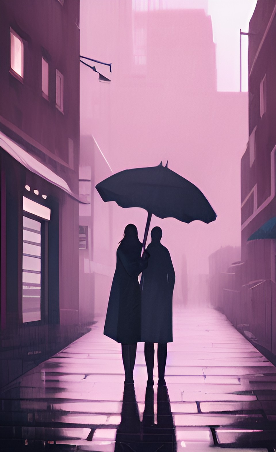 film noir dismal rainy street,  man and a woman walk huddled together preview