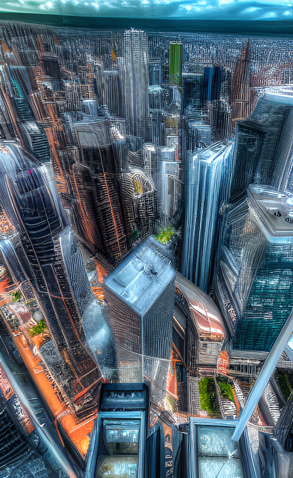 future city bustling with activity, birds eye view, highly detailed hdr styling, tilt shifted preview