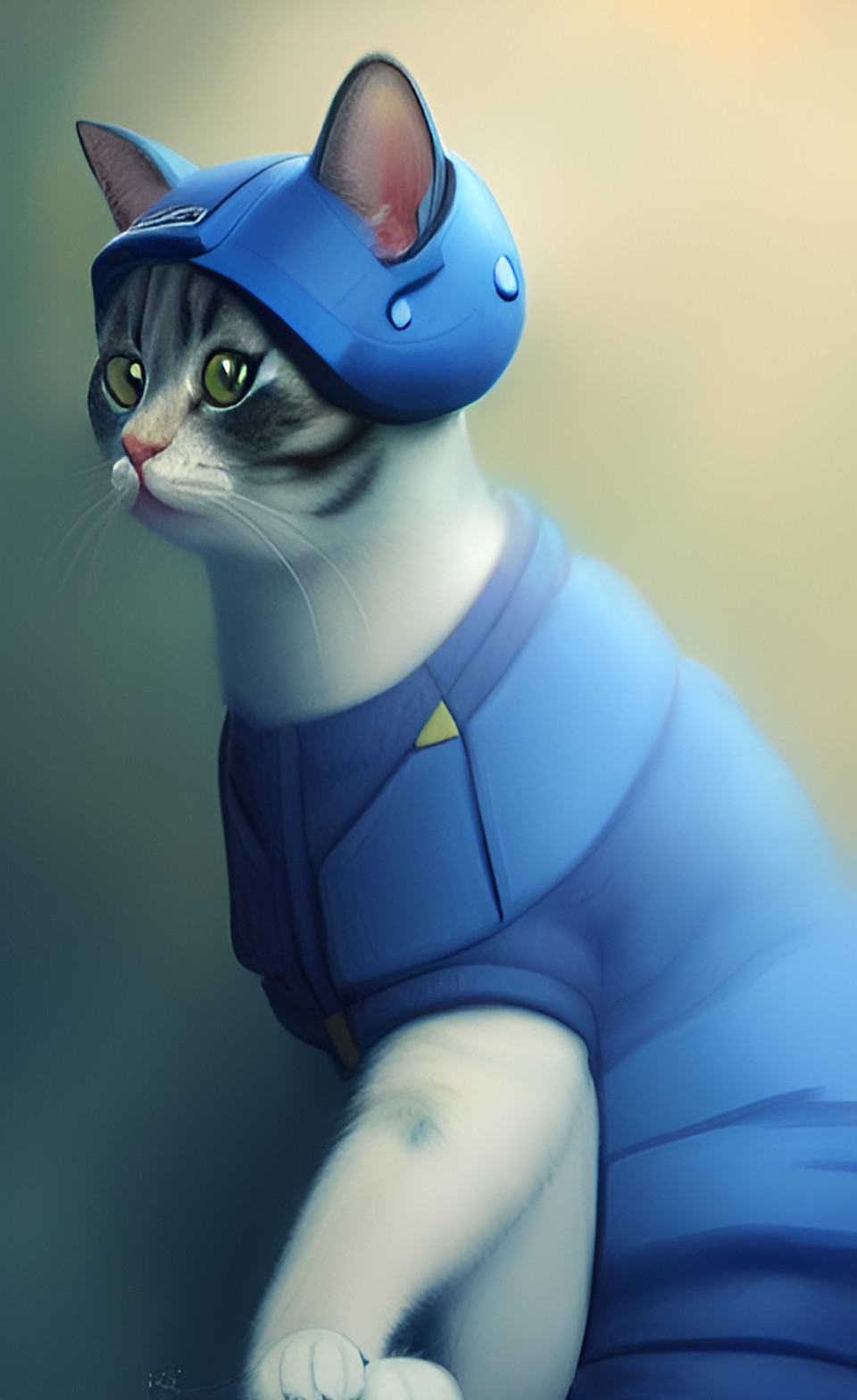 head and shoulders masterpiece portrait of a cute adorable cat wearing a blue spacesuit, surreal background, digital art by krenz cushart, trending on artstation, cgsociety preview