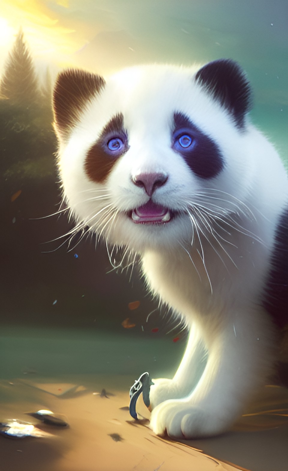 white panda cat with blue eyes high detail on sunset preview