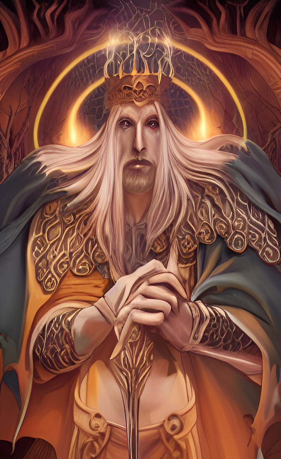 godrick in elden ring, garden golden robed, demigod with dozens of arms and a dragon fixation, white hair, king crown, twinned armor, old skin, evil man, green blue cape, multiple arm like a spider preview