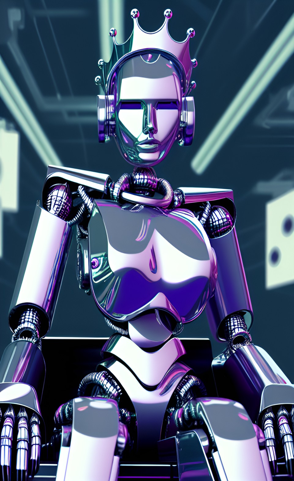 gem-encrused chrome robot queen on her throne, guarded by robots preview