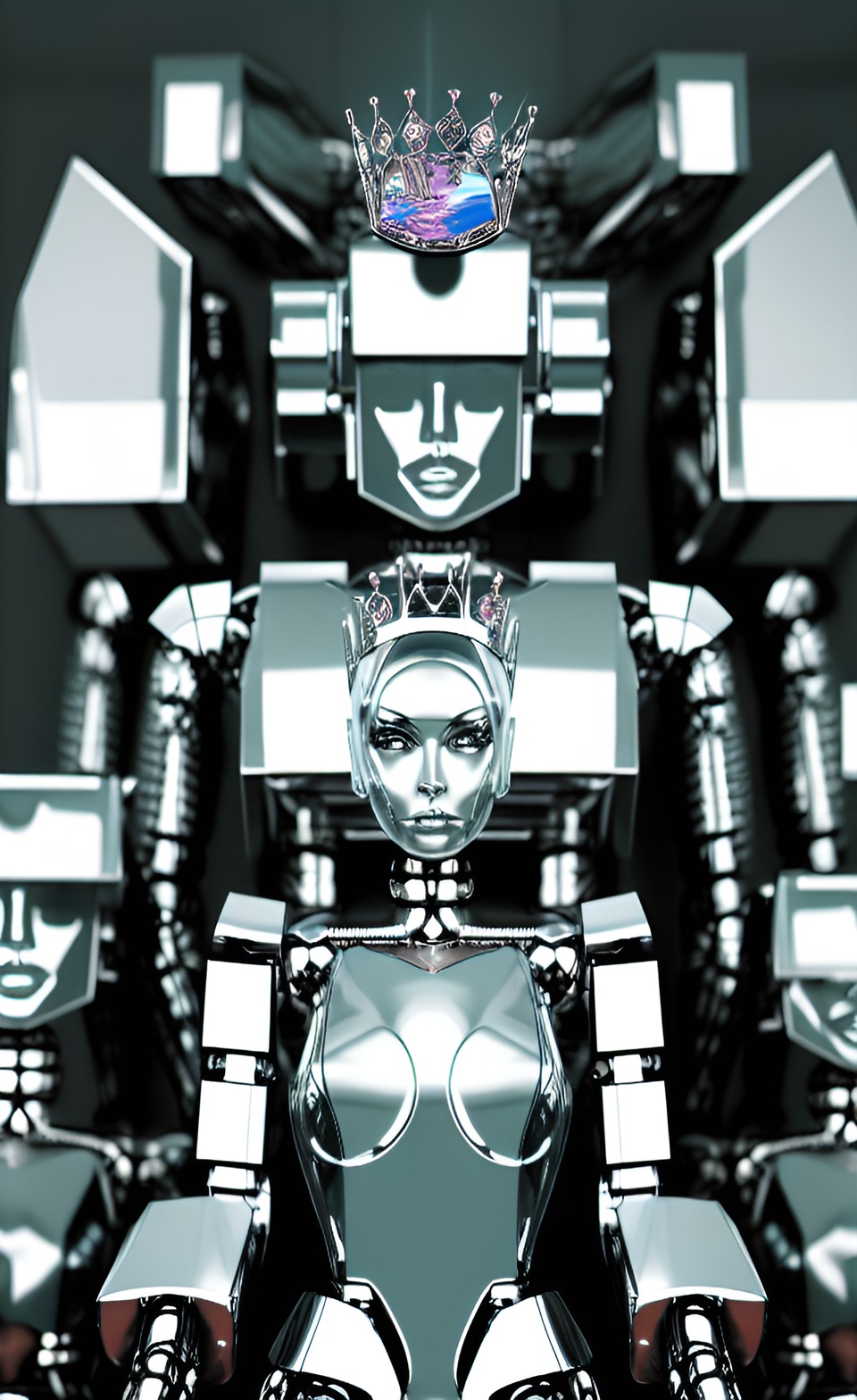 gem-encrused chrome robot queen on her throne, guarded by robots preview