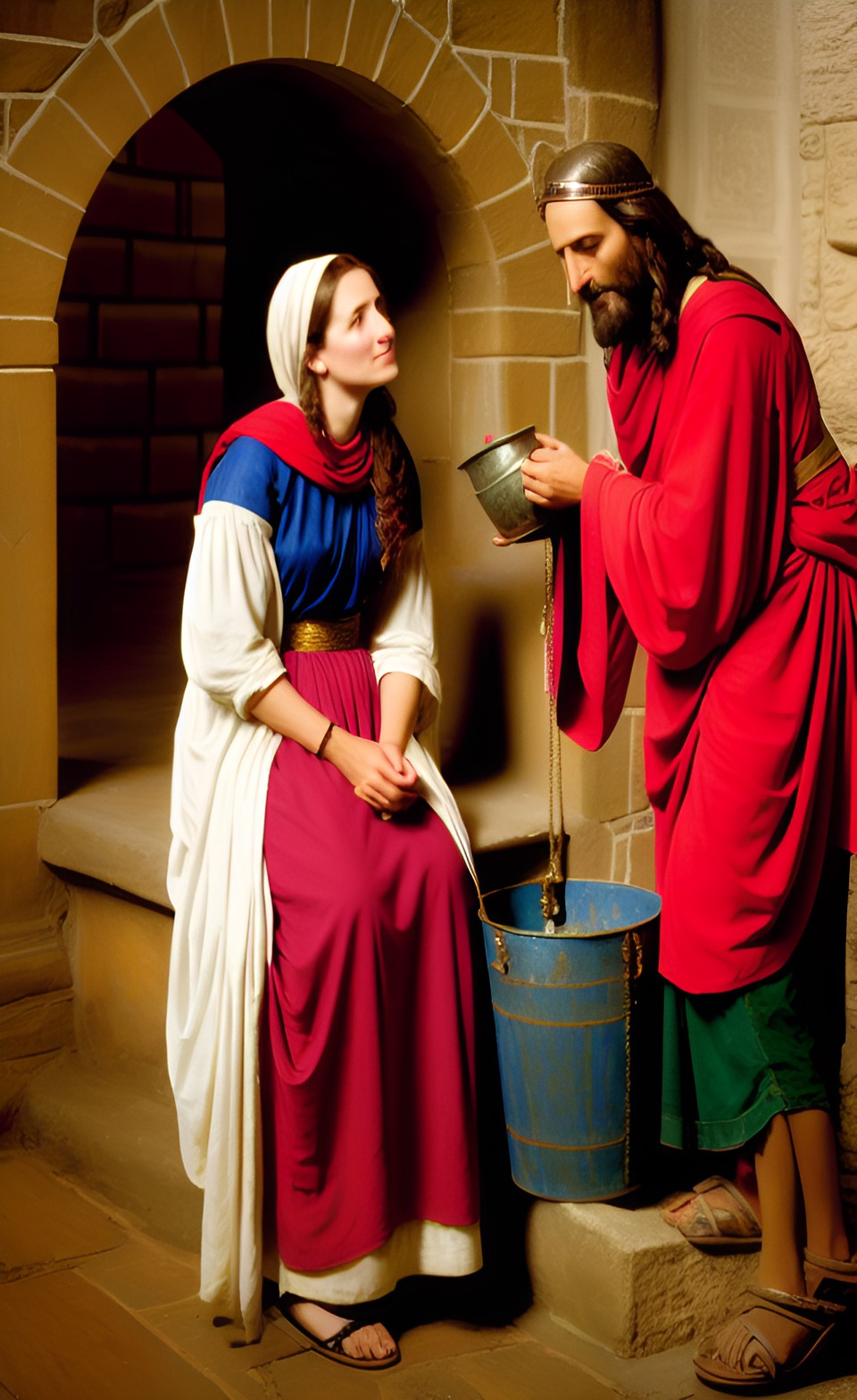 samaritan woman with a bucket by the well talking to jesus preview