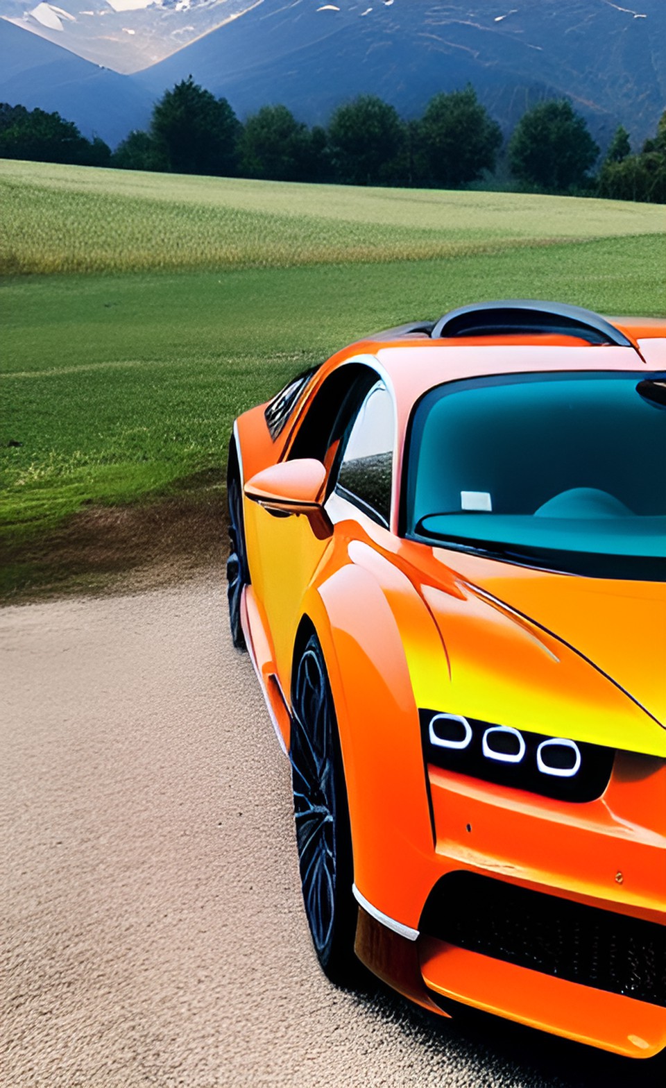 andrew tate sitting in his dark orange bugatti chiron in romania while the mountains are in the background preview