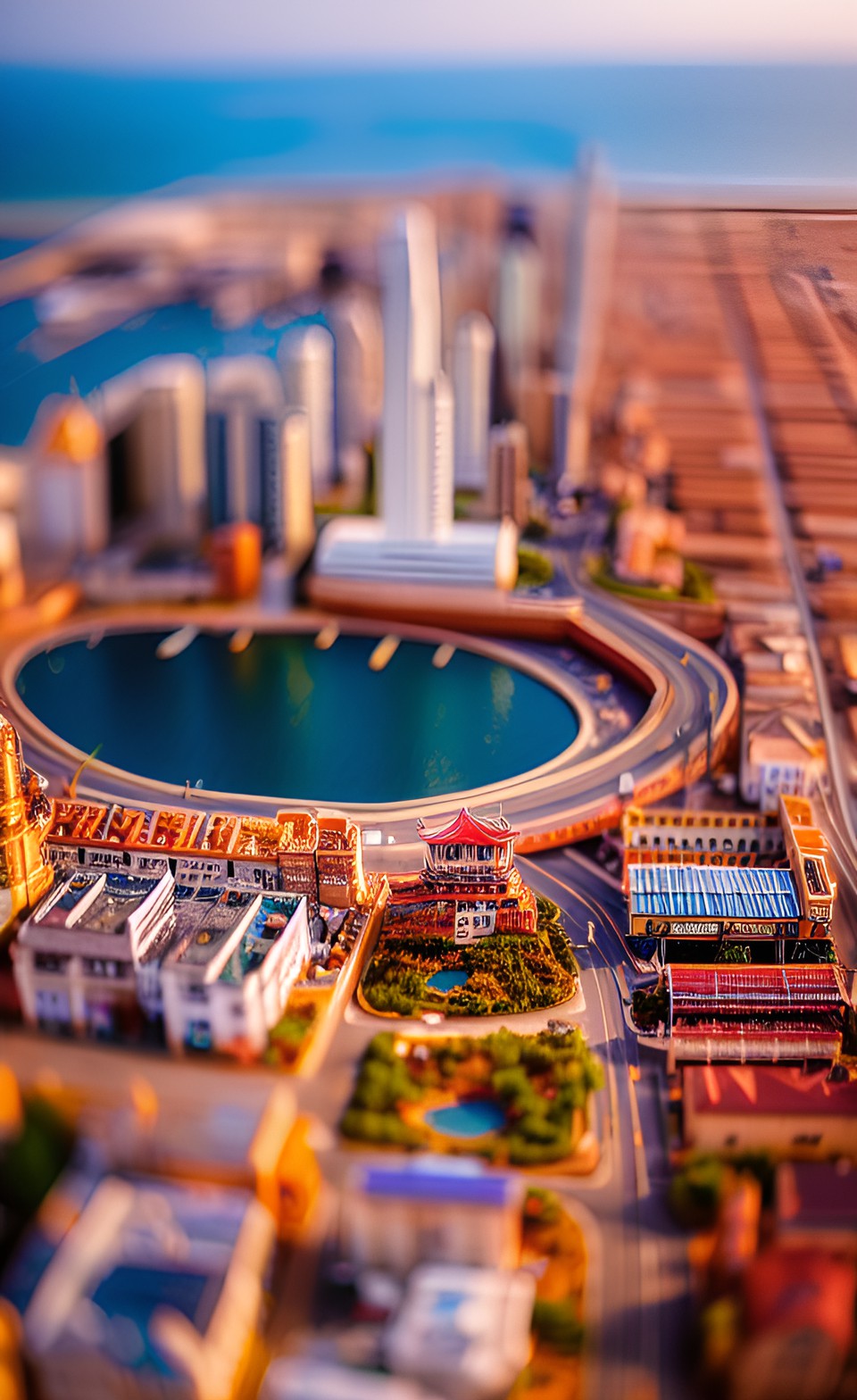 solarpunk seaside city tilt shift golden hour preview