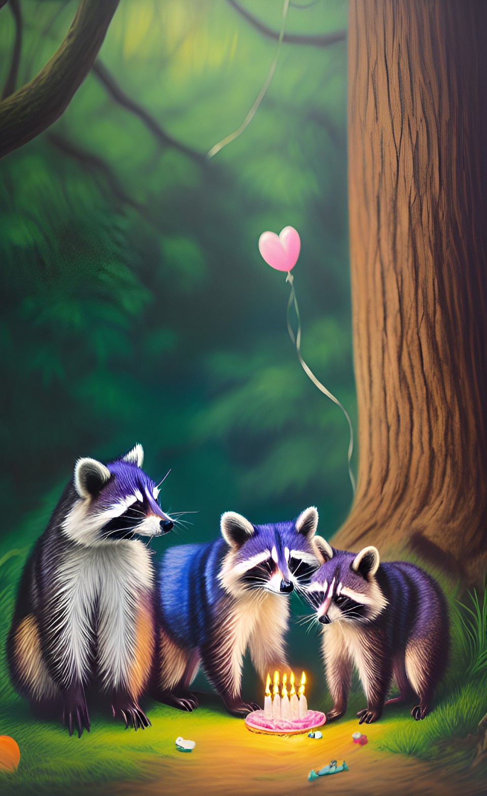 raccoons having a birthday party in the woods, pastel art, technicolor, soft lighting, playful, cute, book cover art preview