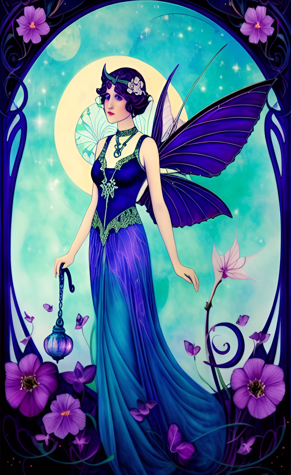 moonlight fairy, cool palette, whimsical, art nouveau preview