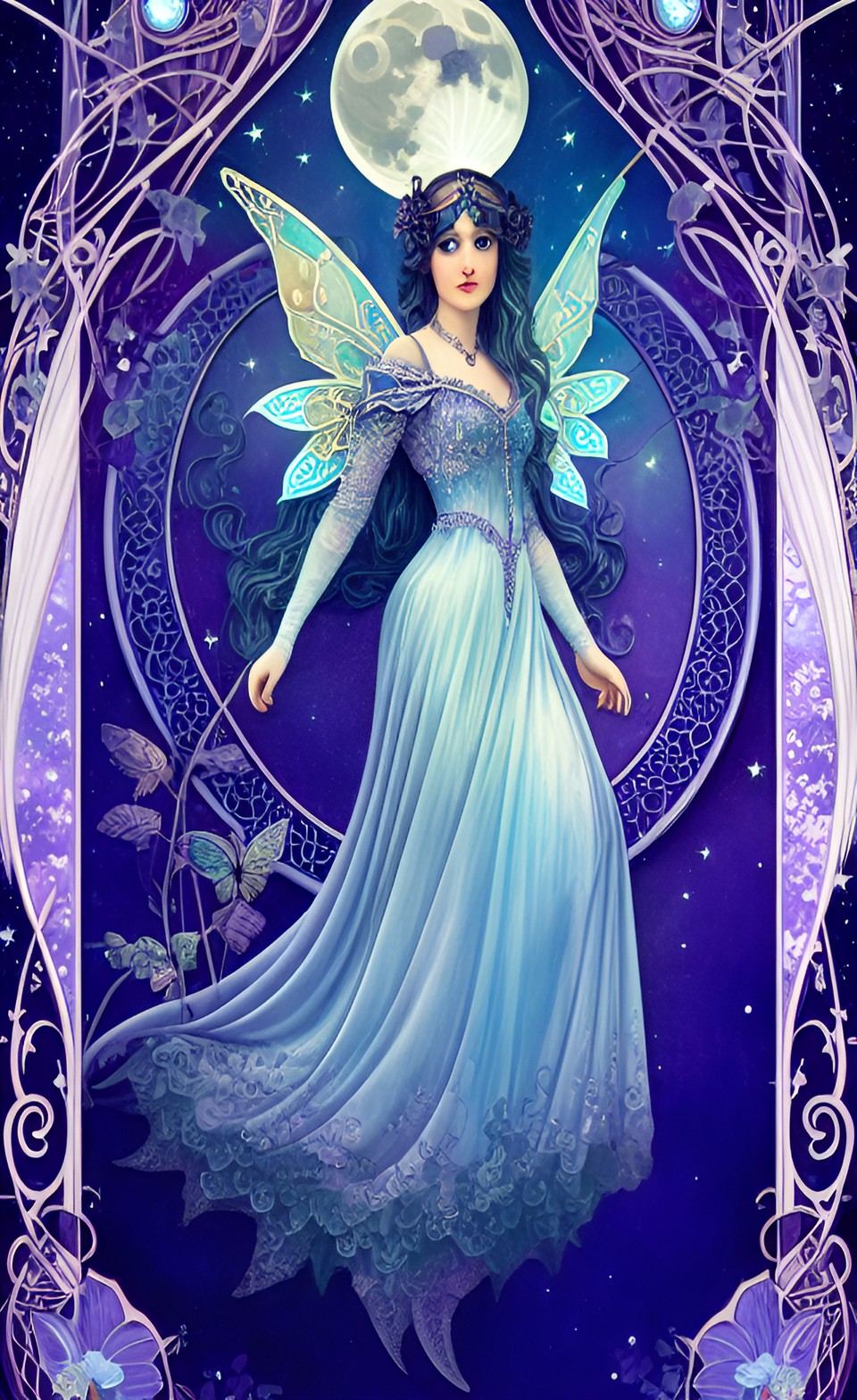 moonlight fairy, cool palette, whimsical, art nouveau preview