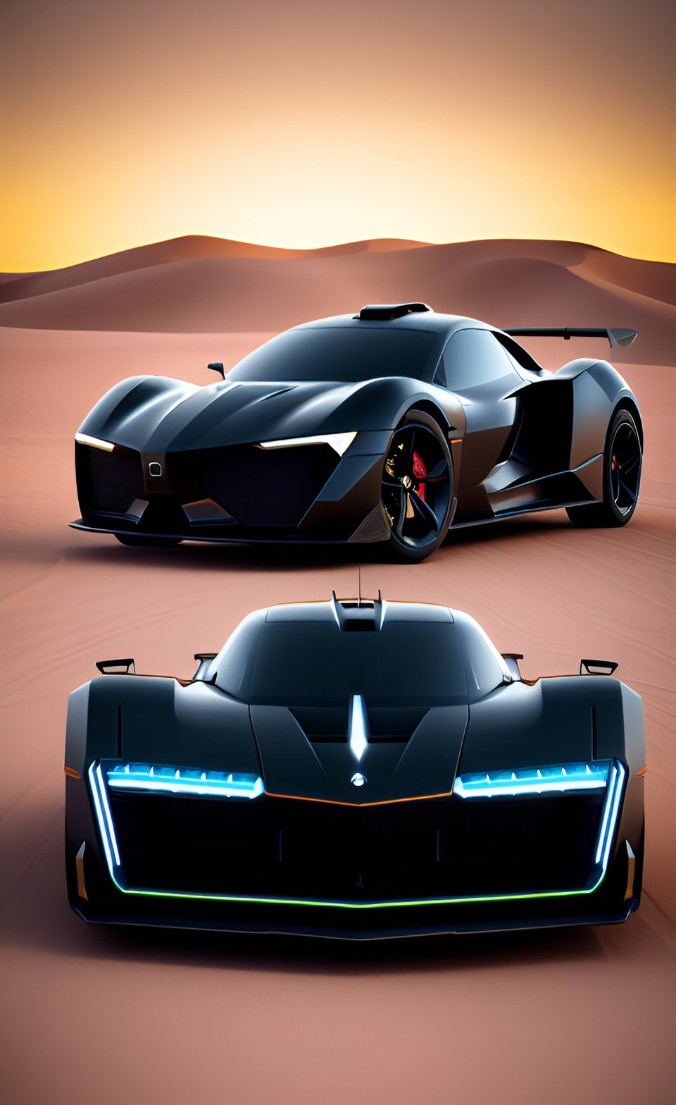 cyborg futuristic black supercar in desert 4k realistic preview