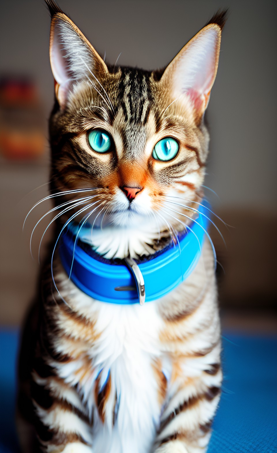 Violet - light brown tabby cat with blue eyes with a collar in a house preview