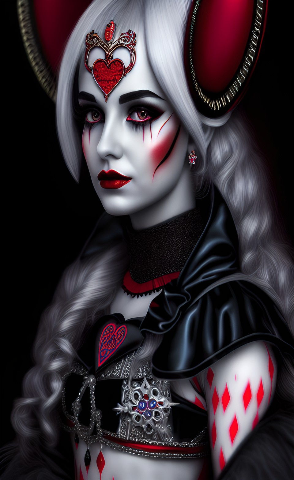 elizabeth bathory the queen of hearts, long black false eyelashes,red neon trim, hdr, high resolution, smooth detailed illustration preview