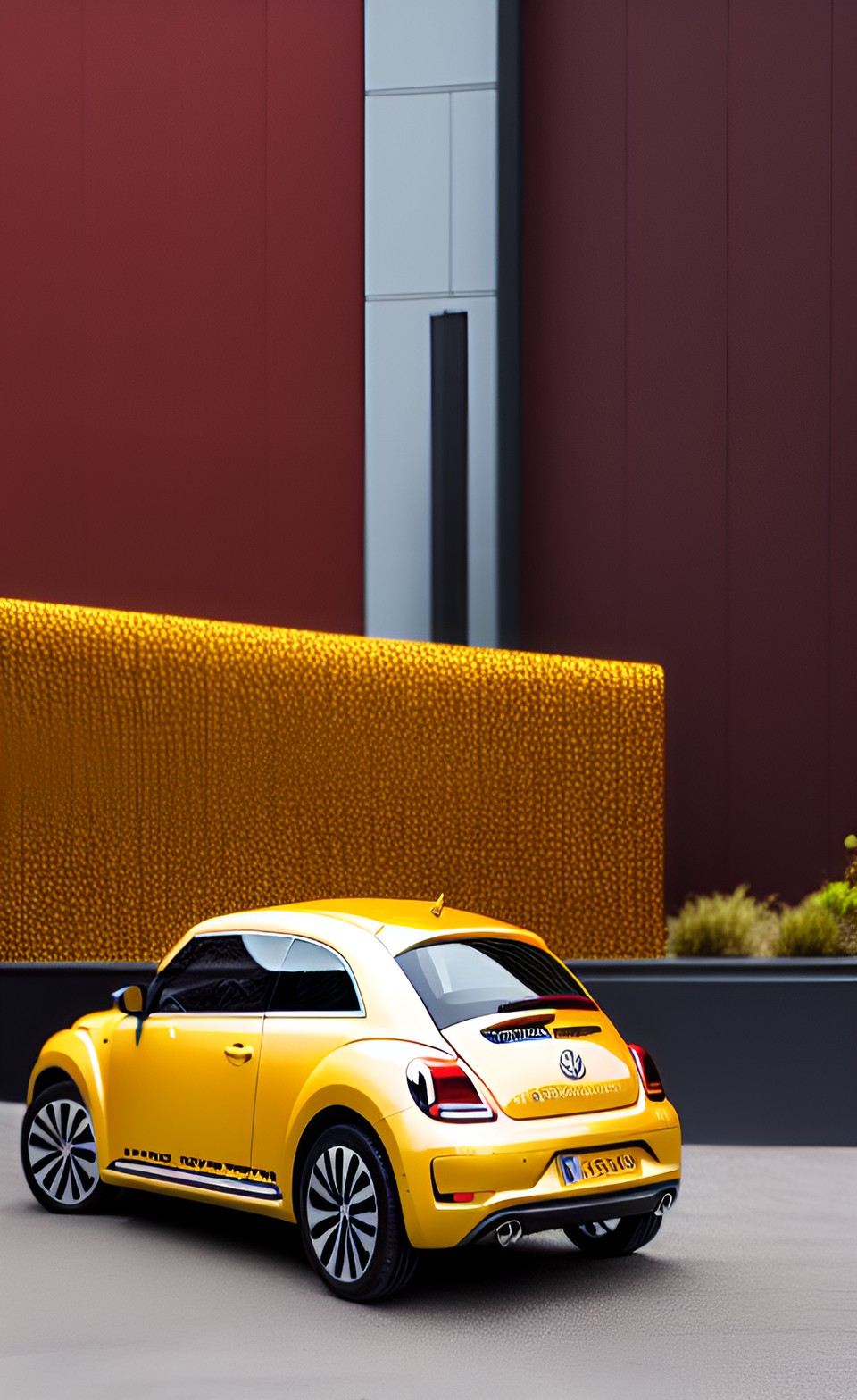 Shiny III - a tiny volkswagen beetle, made of gold filigree, driving up a brick wall preview