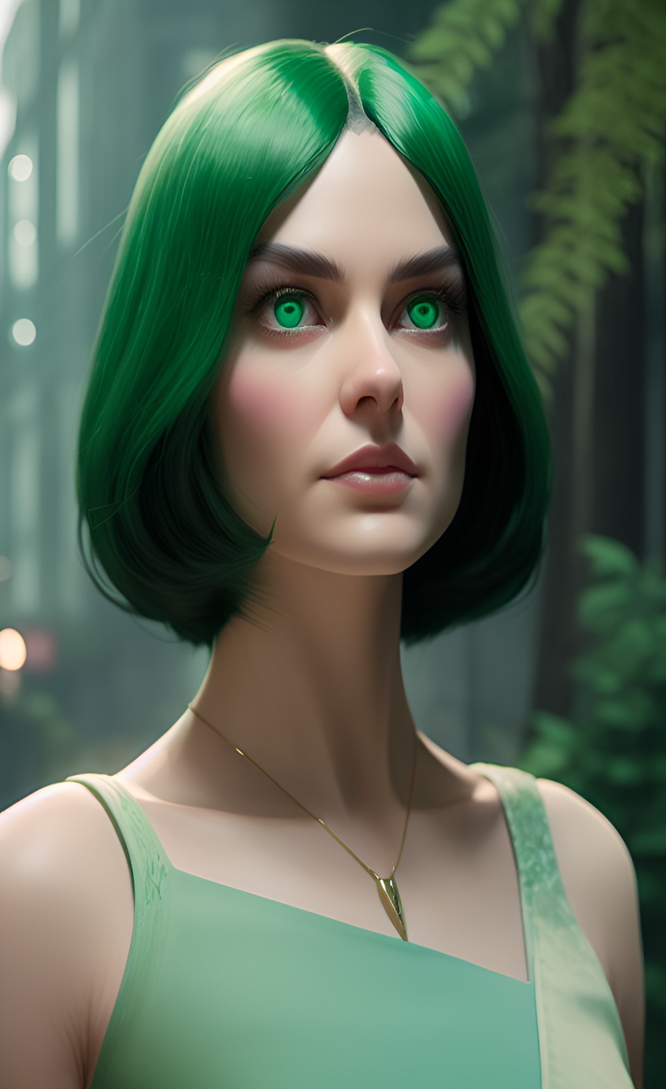 nd piercing green eyes. she carries herself with grace and poise, exuding a quiet confidence. her angular features are striking, with sharp cheekbones and a defined jawline. preview