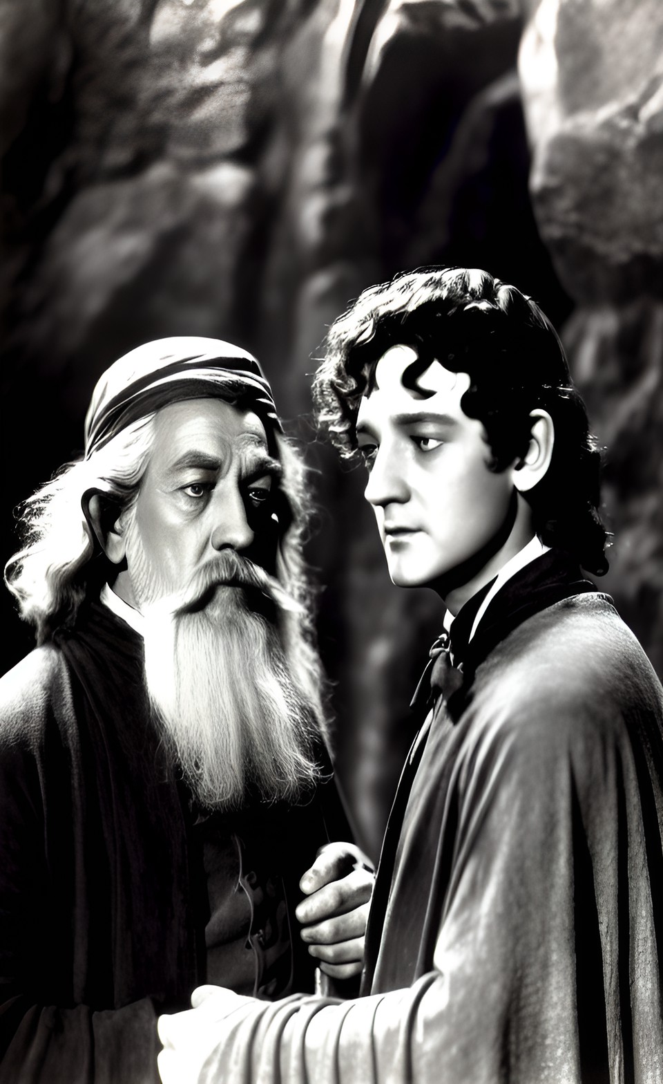 gandalf and frodo from a silent film from the 1920s of the lord of the rings preview