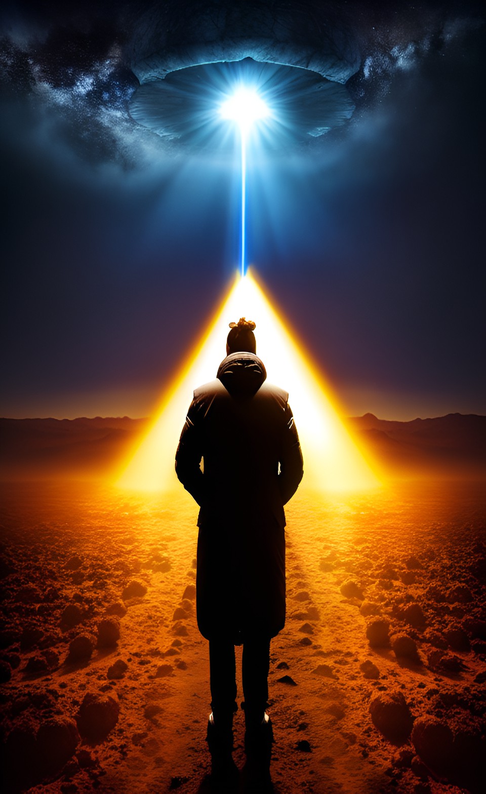 a man facing an almighty source of light on￼ an extraterrestrial planet preview