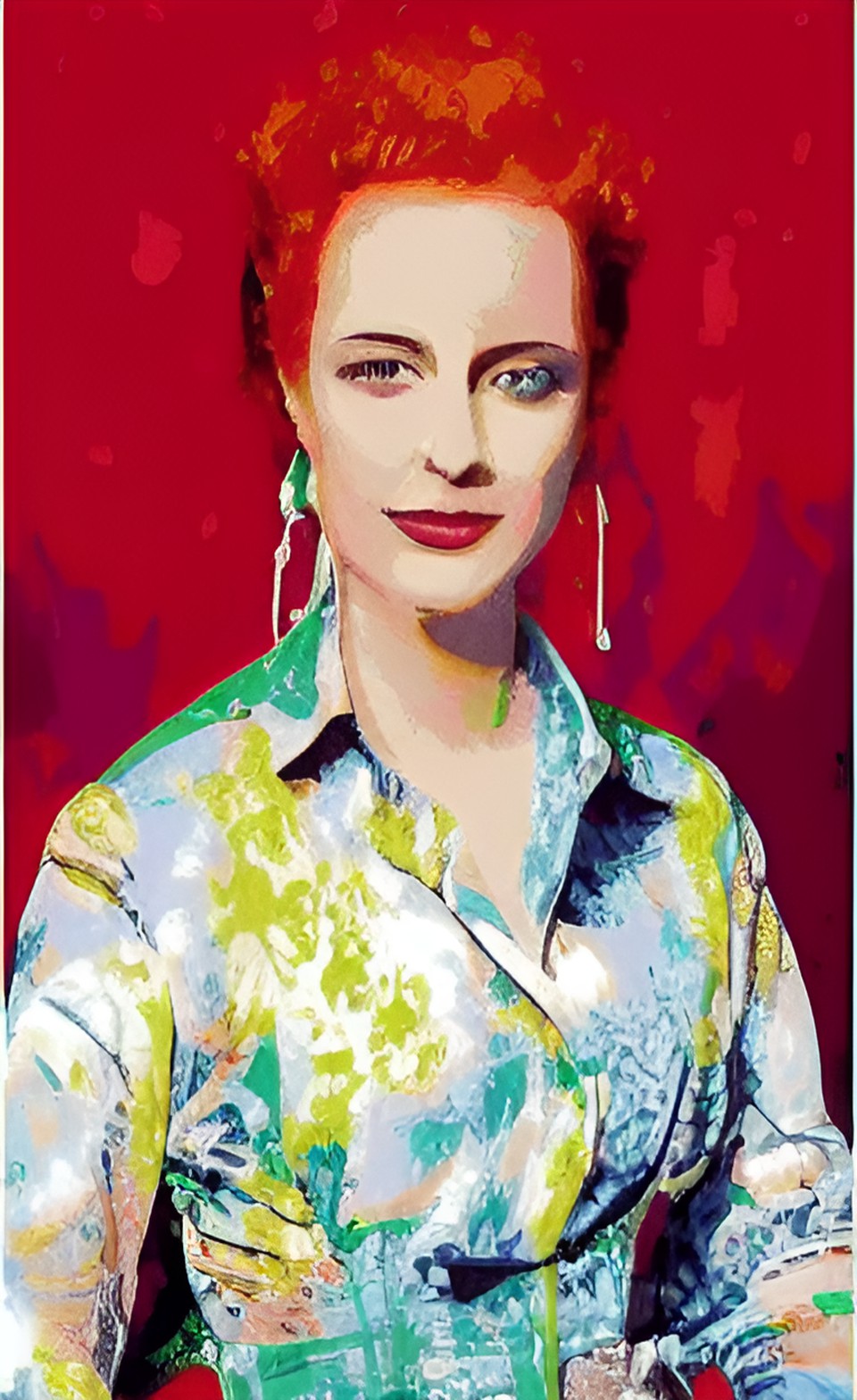 electrified portrait of a woman with red hair and a floral blouse preview