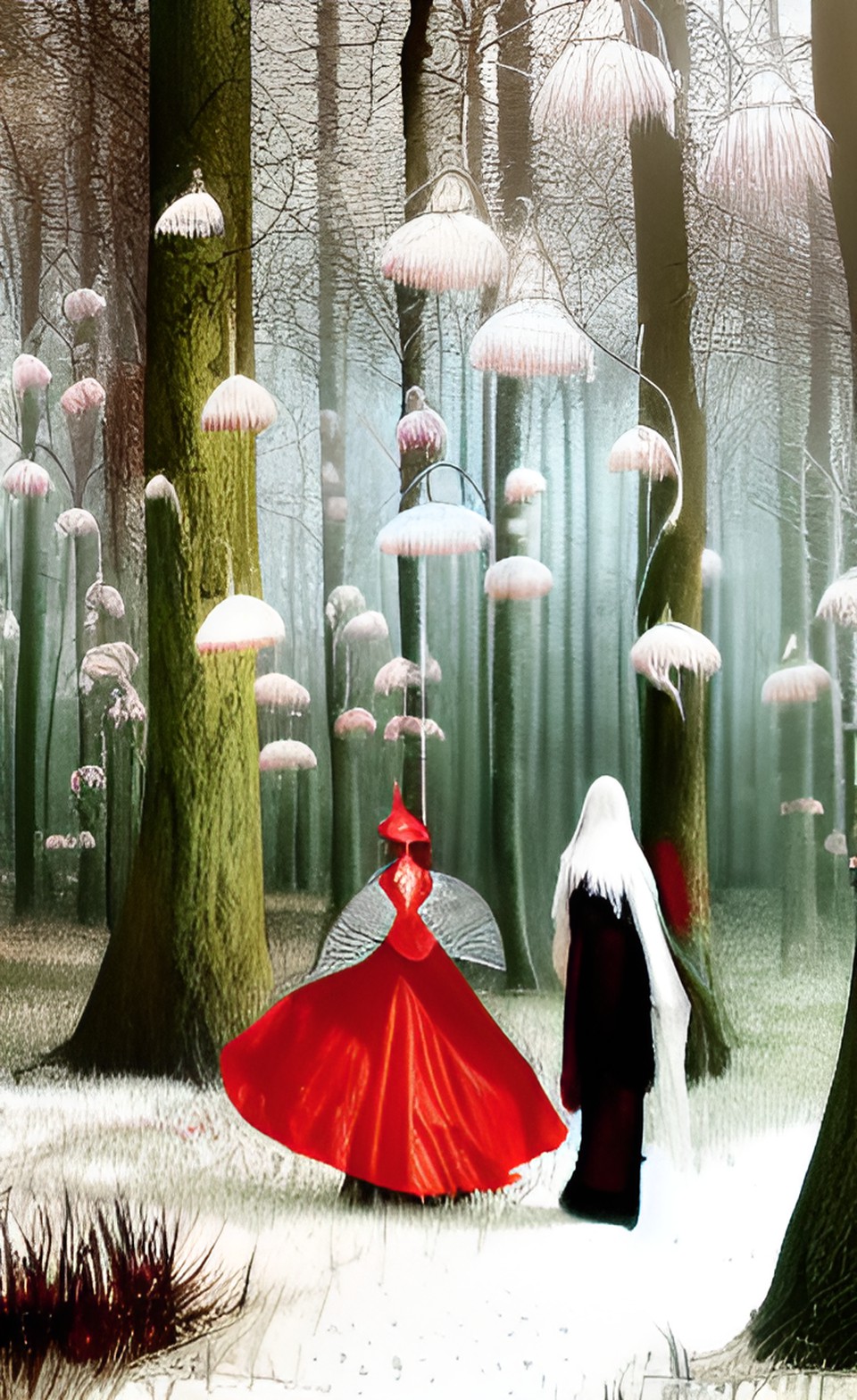 fairies in a snowdrop forest with red and white mushrooms preview