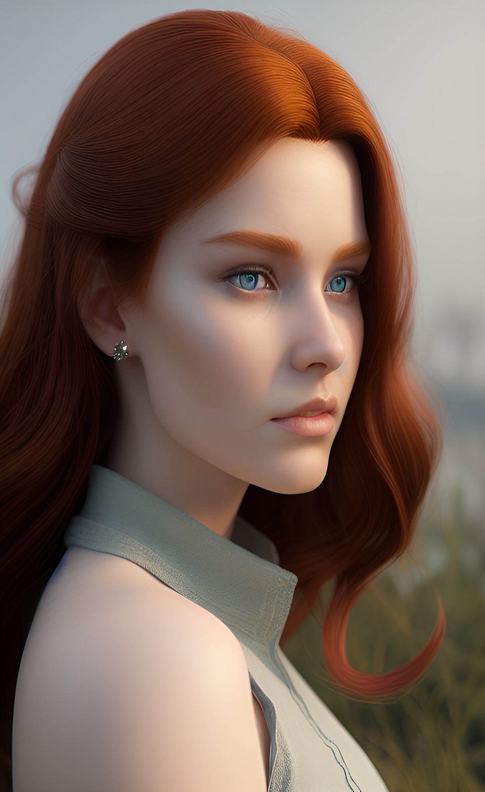 long auburn hair and piercing eyes. she carries herself with grace and poise, exuding a quiet confidence. her angular features are striking, with sharp cheekbones and a defined jawline. preview