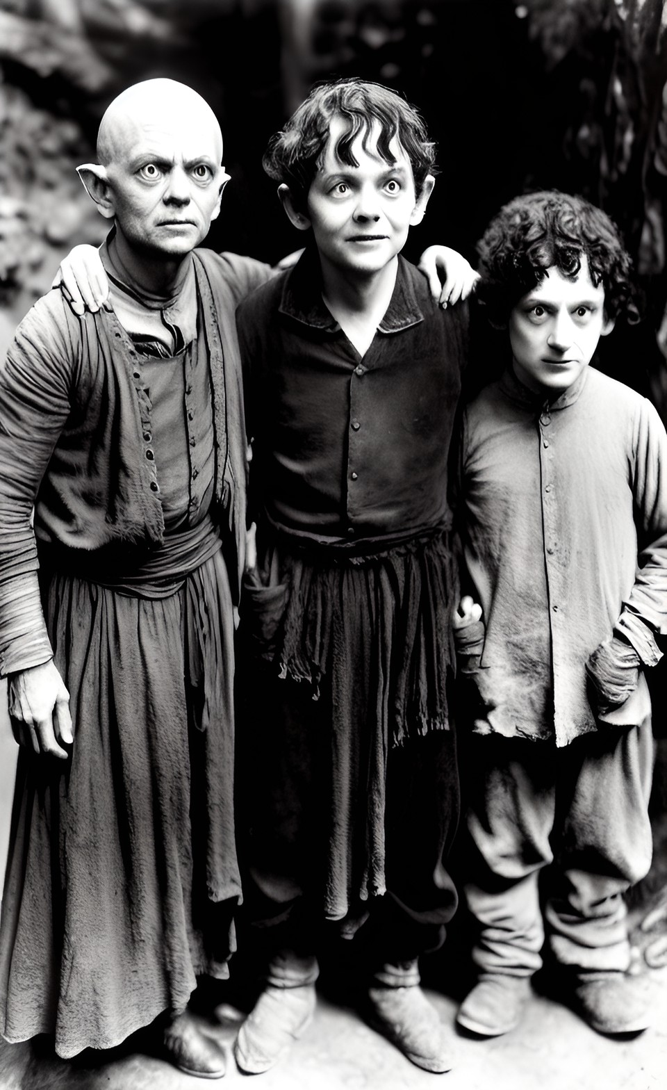 golum, sam, and frodo from a silent film from the 1920s of the lord of the rings.  three people: one golum and two hobbits preview