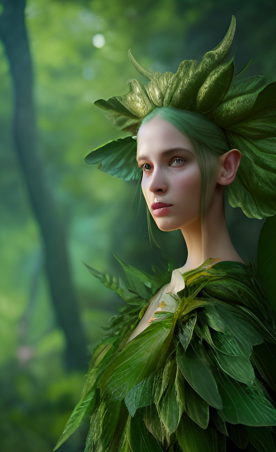 close up portrait of a fairy from lord of the rings with intricate golden ear jewellery and wearing a forest green gauzy leafy gown preview