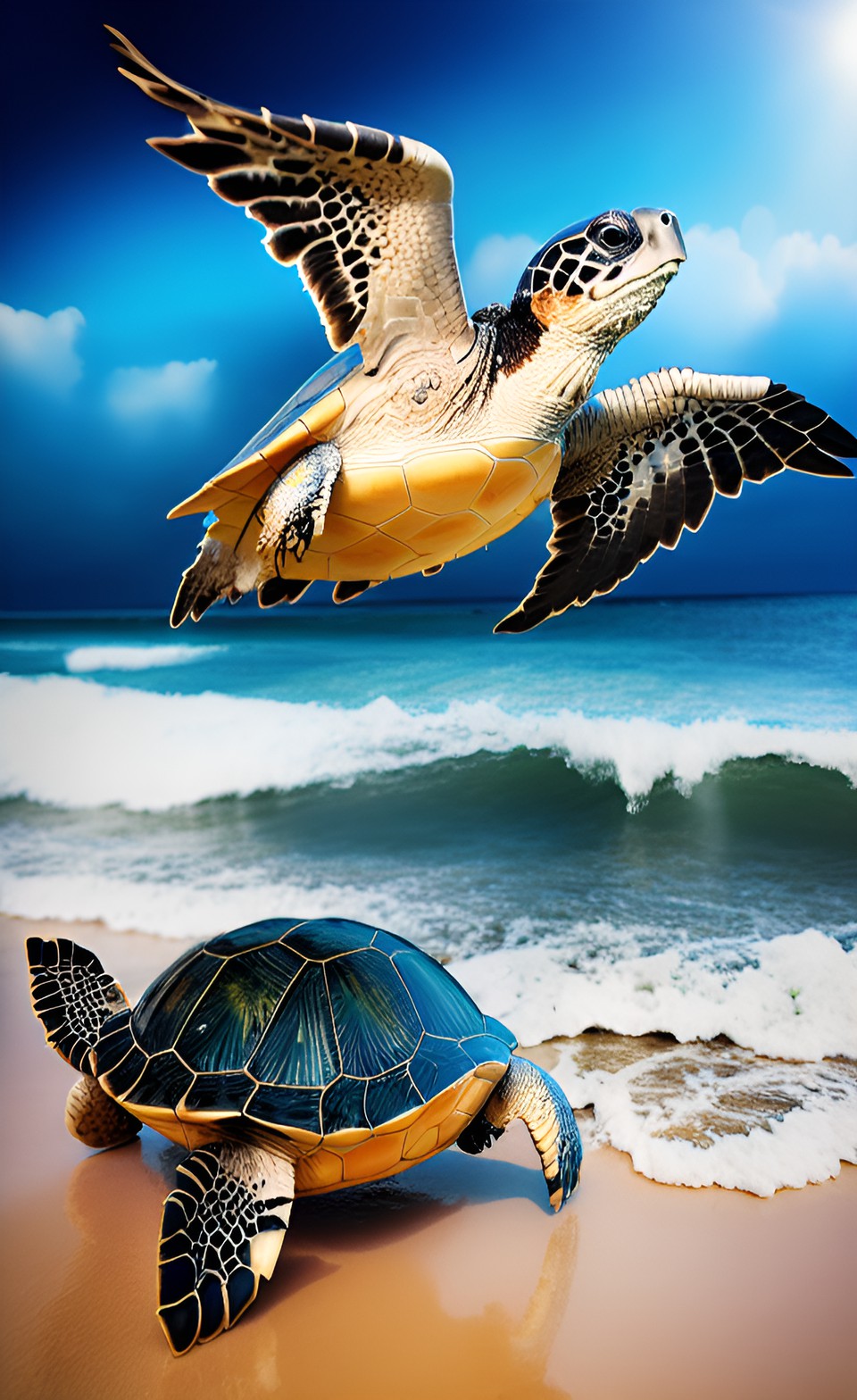 turtle with wings flying over a beach preview