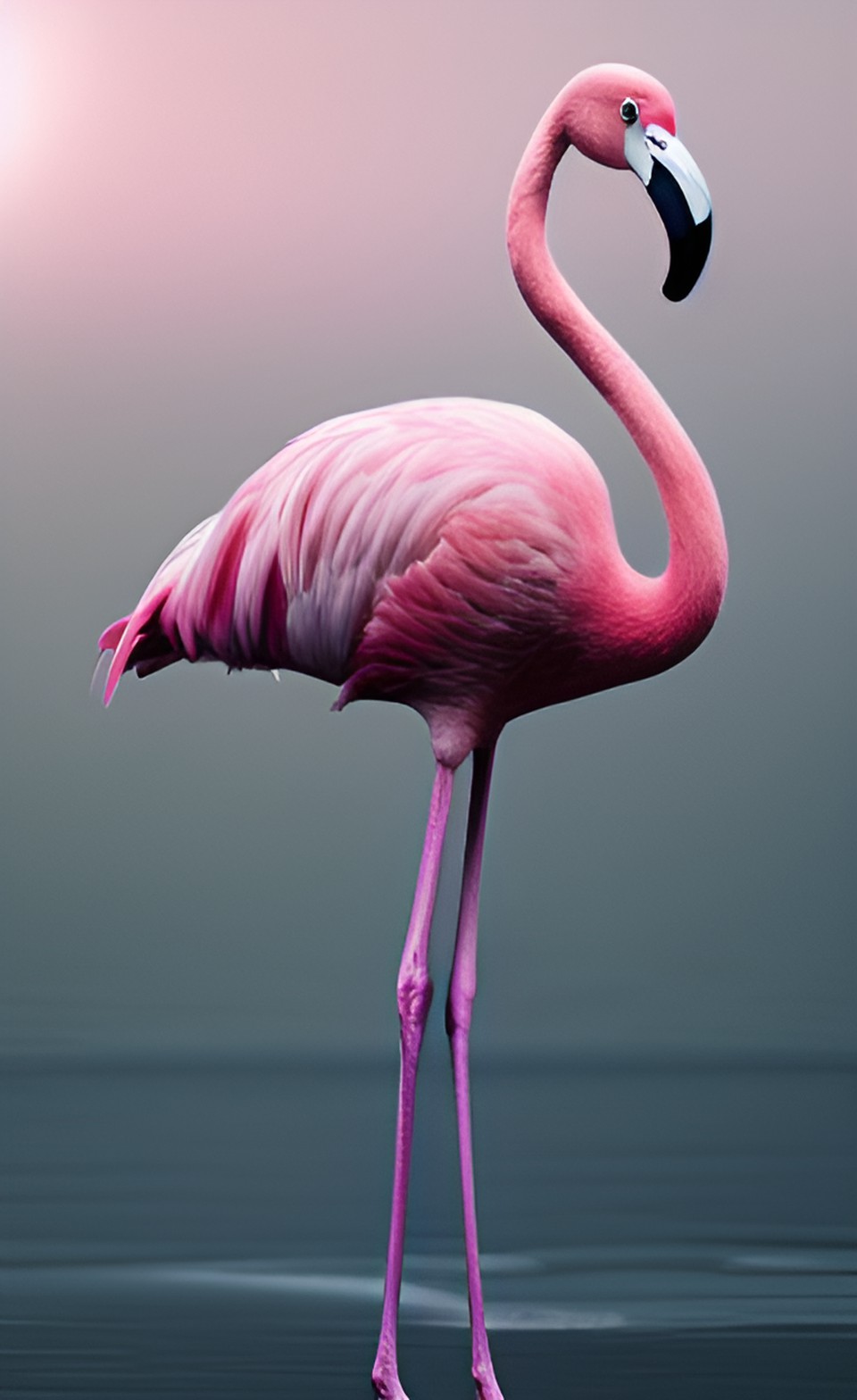 a perfect pale pink flamingo with a grey watercolour bokeh background preview