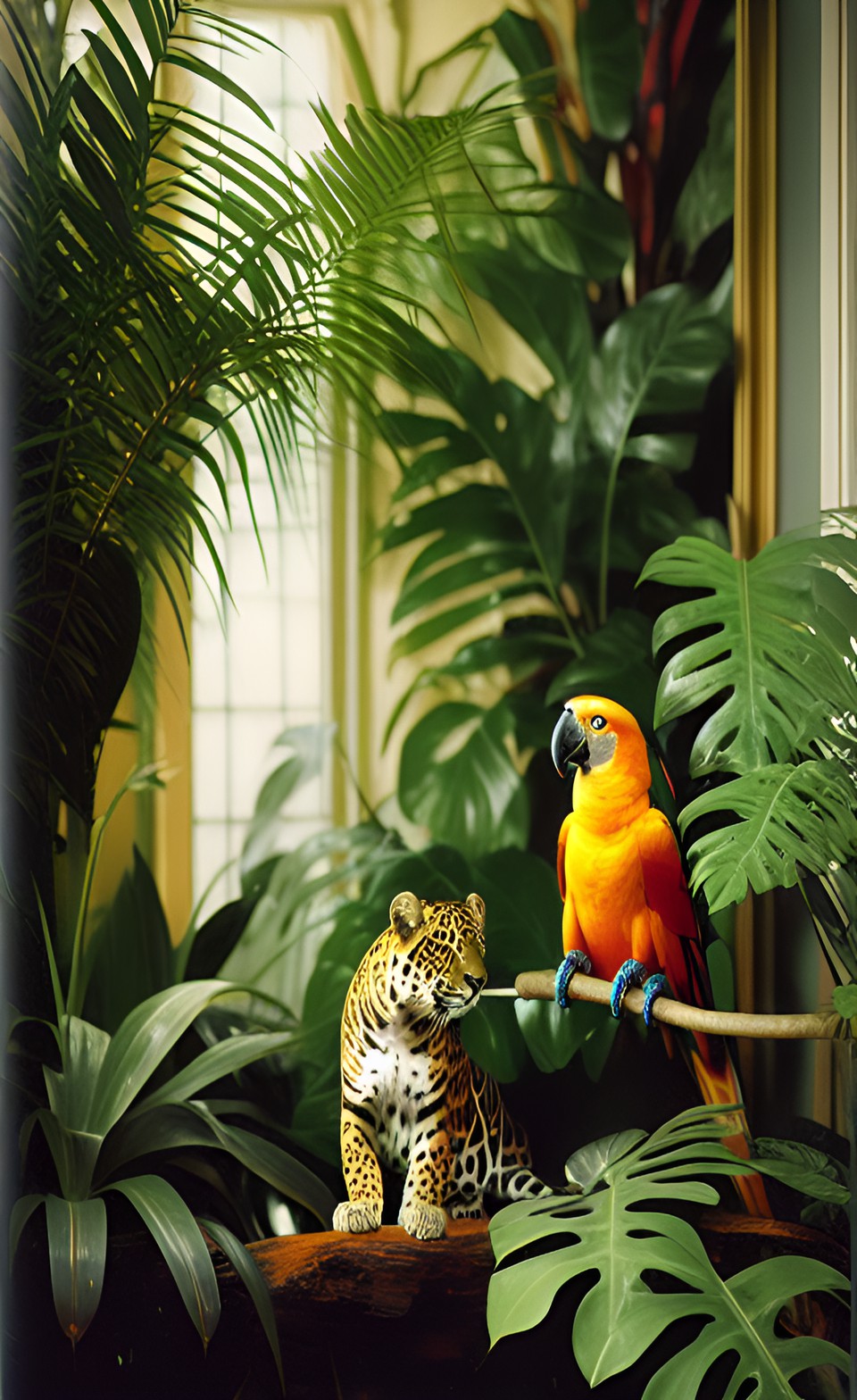 indoor tropical jungle with jaguar and parrot from the early victorian era preview