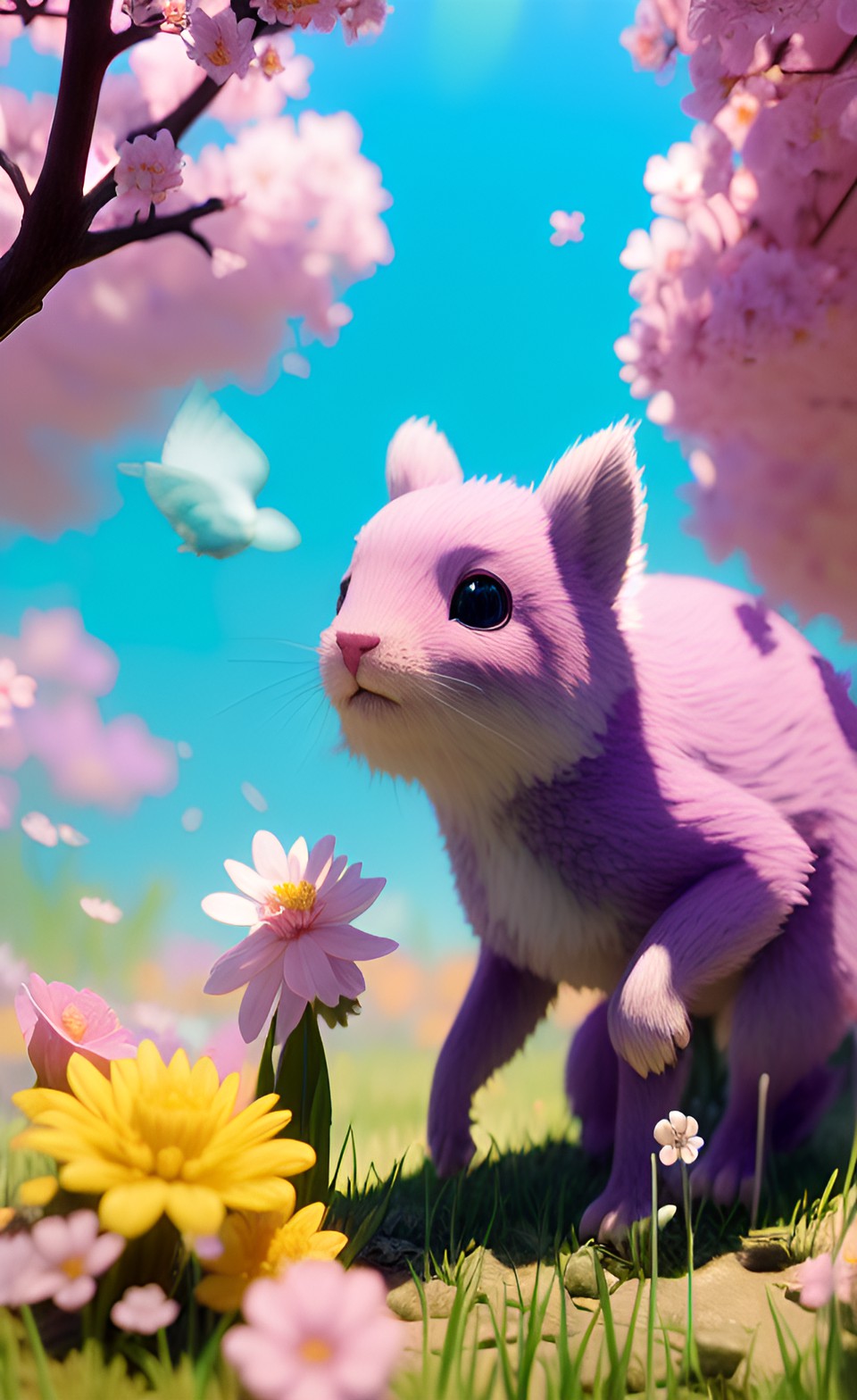 sweet little creatures in pastel colors frolicking among spring flowers preview