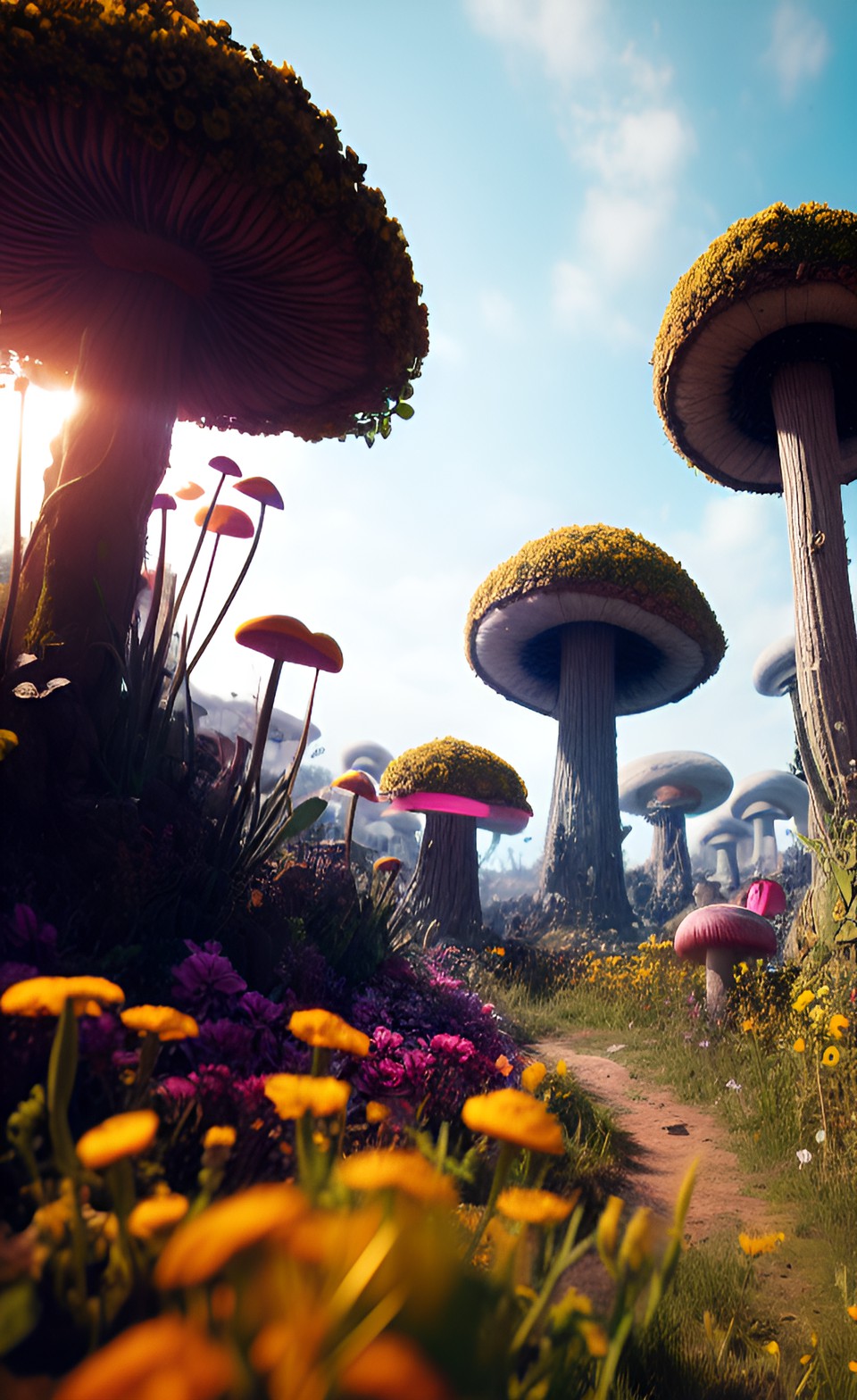 the wasteland filled with giant flowers and mushrooms, au naturel, hyper detailed, digital art, trending in artstation, cinematic lighting, studio quality, smooth render, unreal engine 5 rendered preview