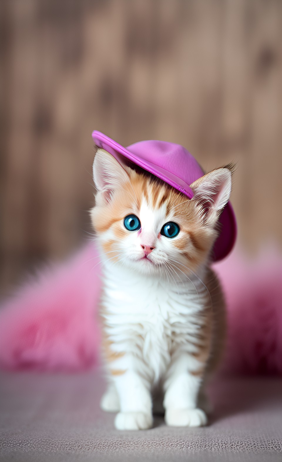 really really adorable pink fluffy long hair tiny munchkin kittens being really cute with adorable paws and adorable eyes, lifting up paw, in a hat preview