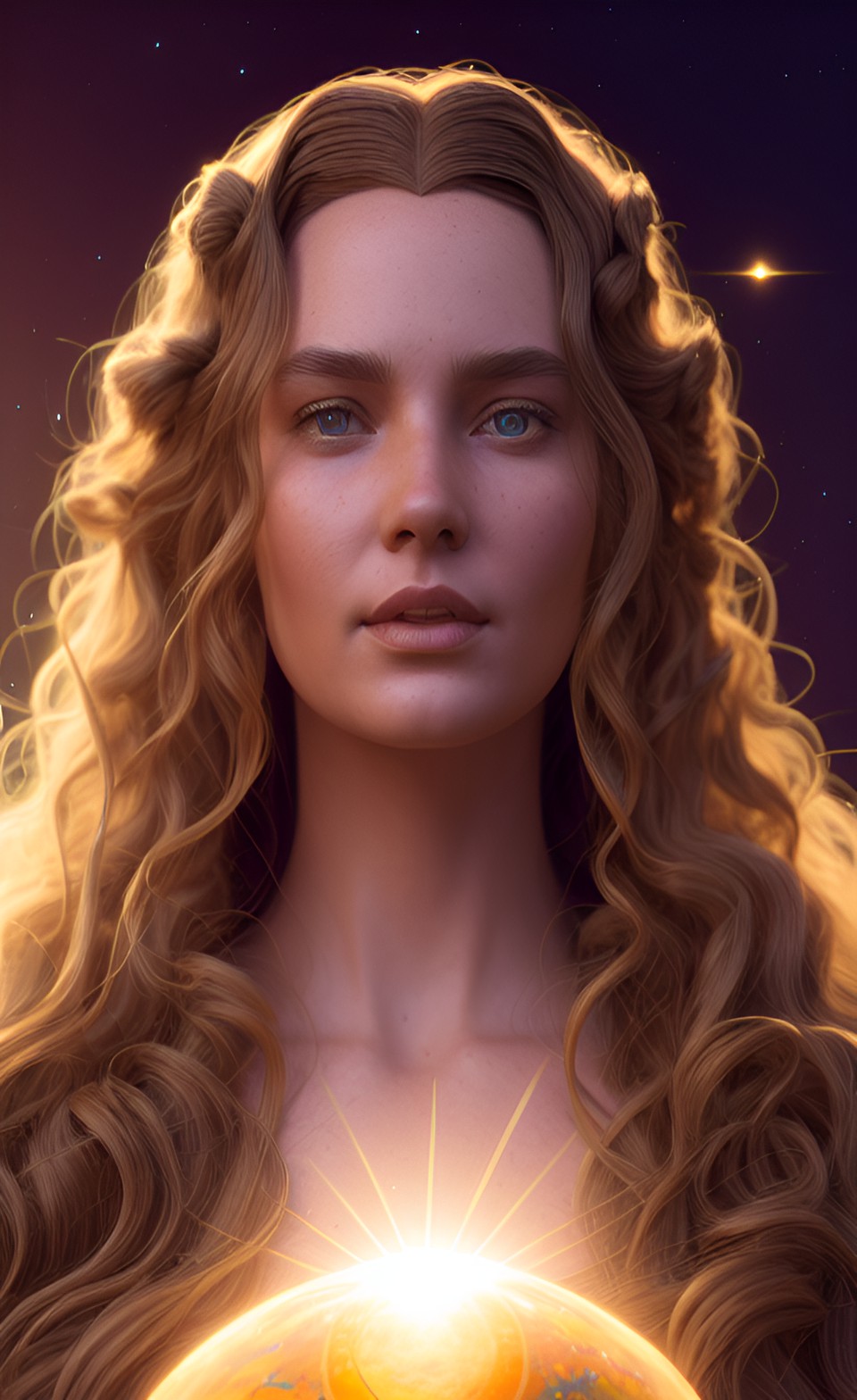 hyper realistic high detailed woman goddess with wavy flowing golden hair holding the sun in space hd preview