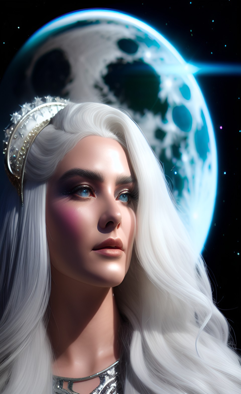 hyper realistic high detailed moon goddess woman with long flowing platinum white hair in front of the moon in space up close preview