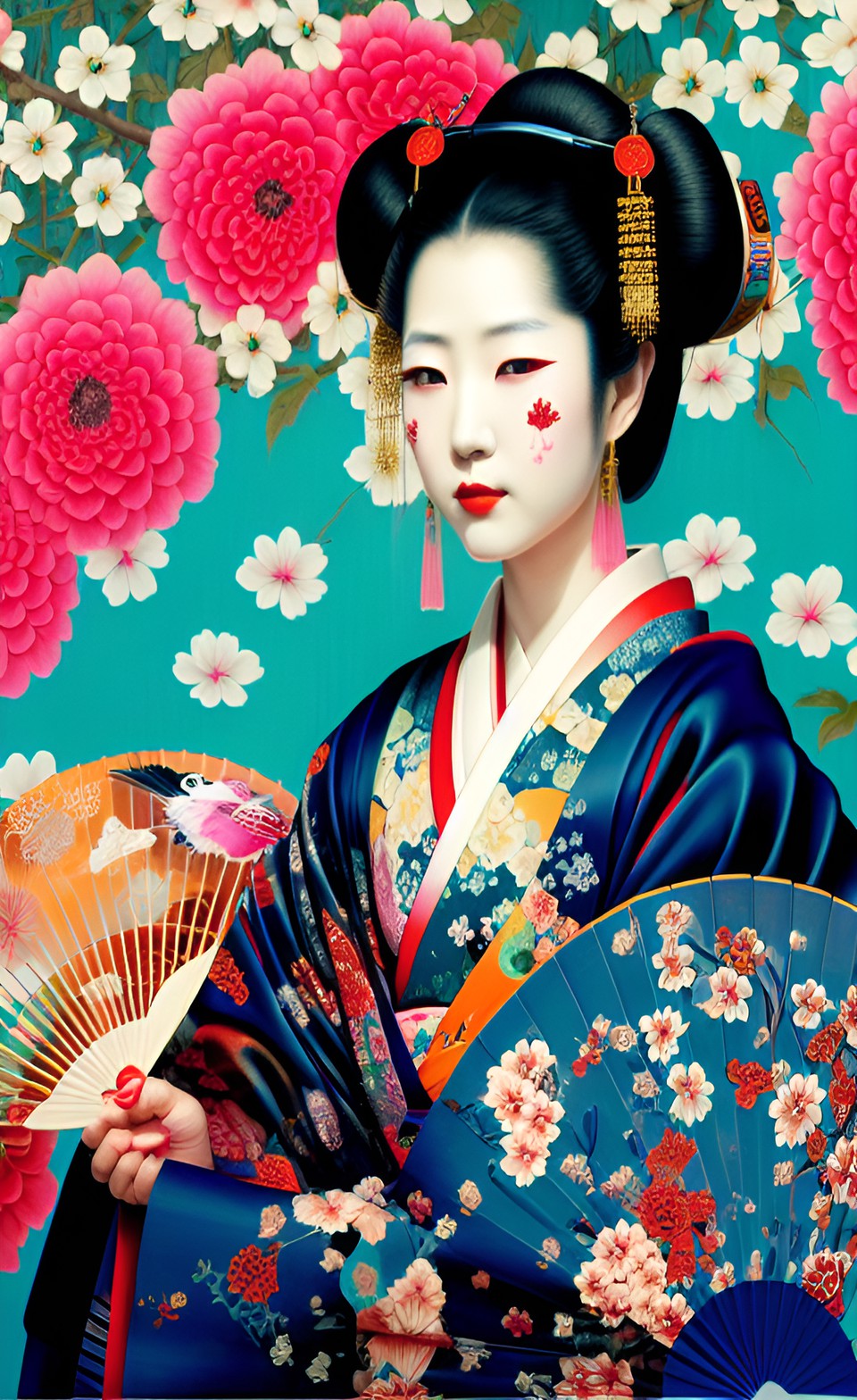 japanese geisha holding a fan and wearing traditional kimono preview