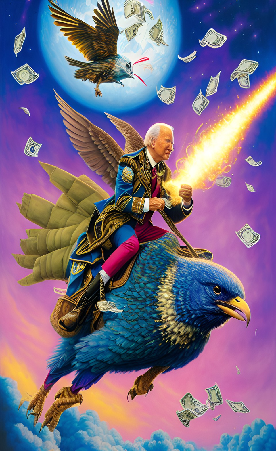 joe biden riding a flying missile, holding onto a bag of money. money is flying everywhere preview