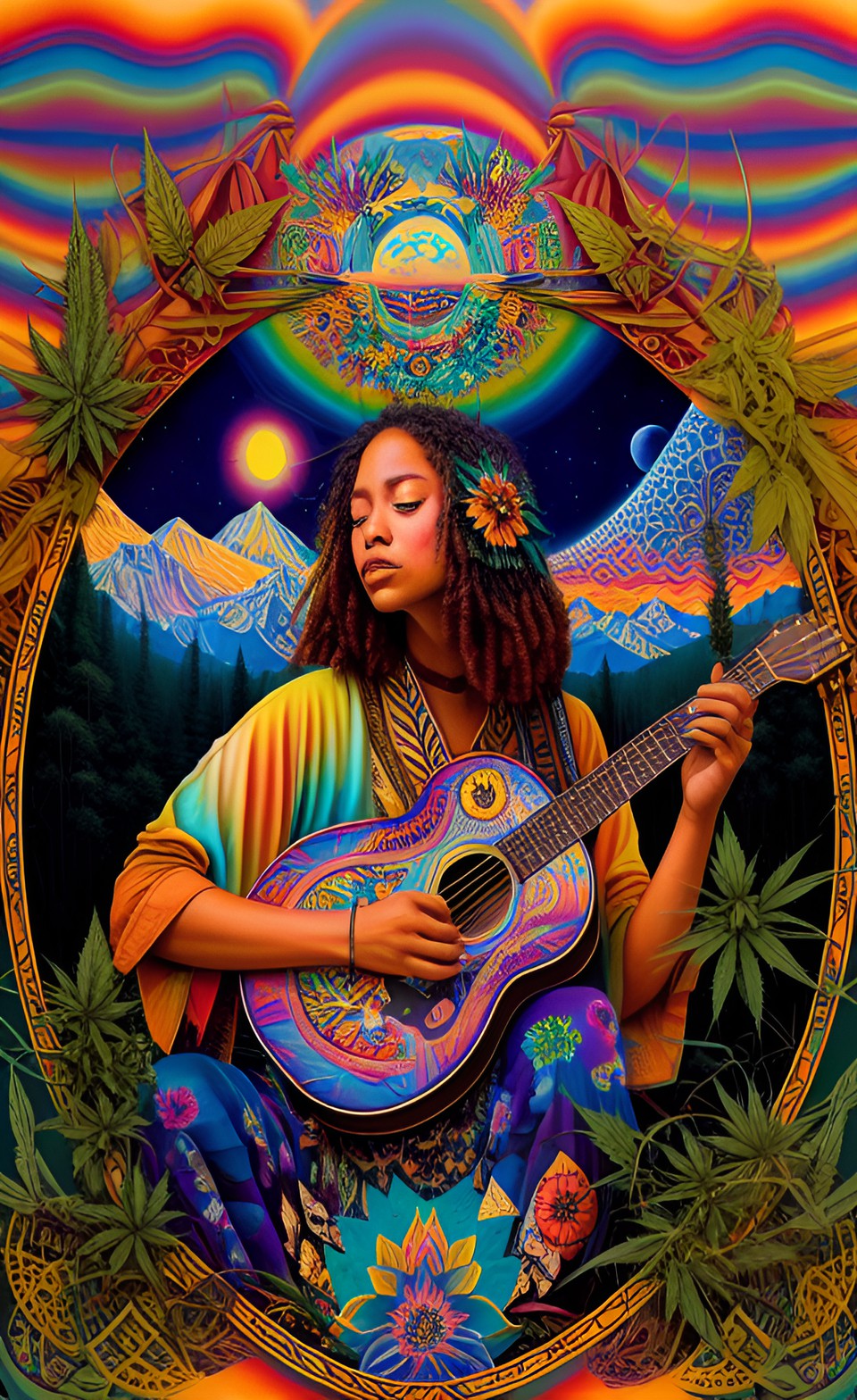 Festival Trance - man playing guitar sierra+mountains forest colorful marijuana smoking  true psychedelics birds dance women hippie woodstock love festival good party nature cat river animals people sky sunset floating preview