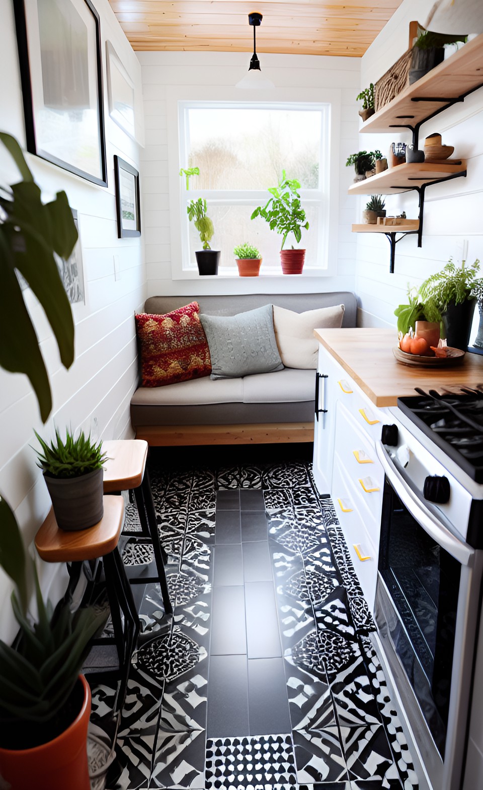 tiny house interior, modern, clean, tile floor, boho preview