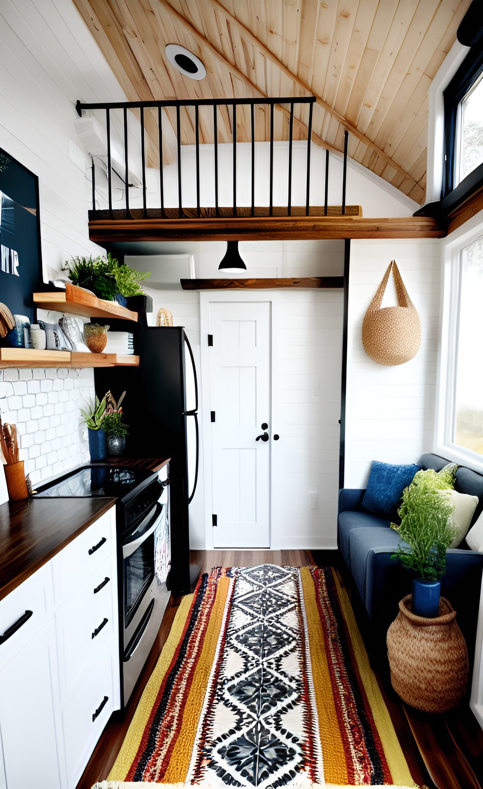 tiny house interior, modern, clean, tile floor, boho preview