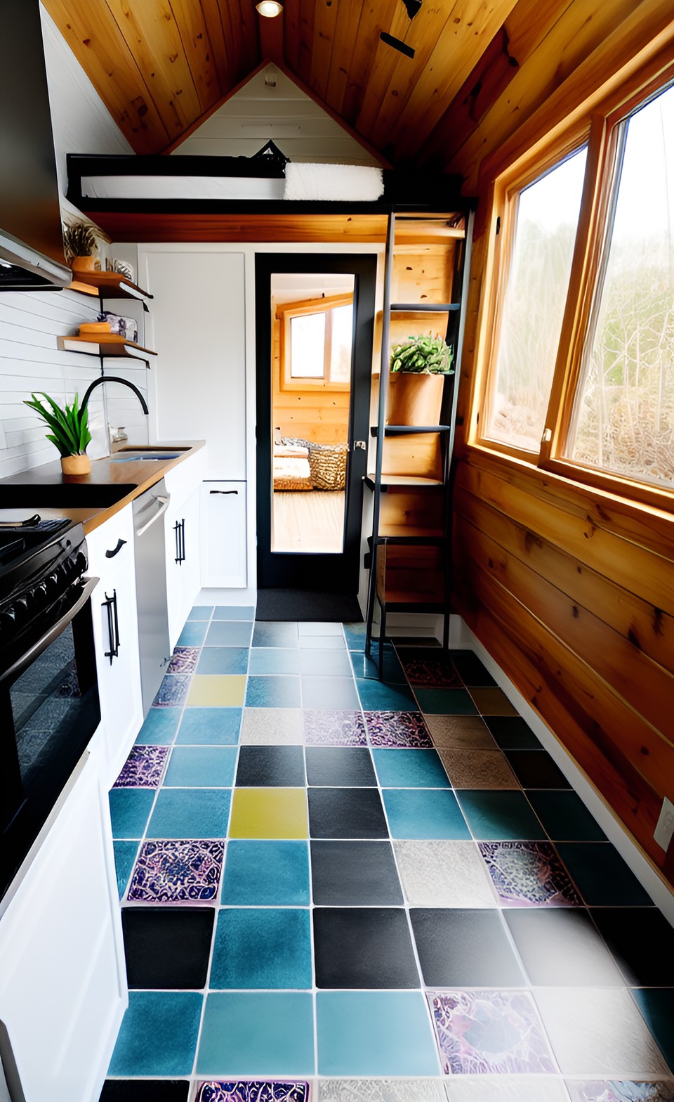 tiny house interior, modern, clean, tile floor, boho preview