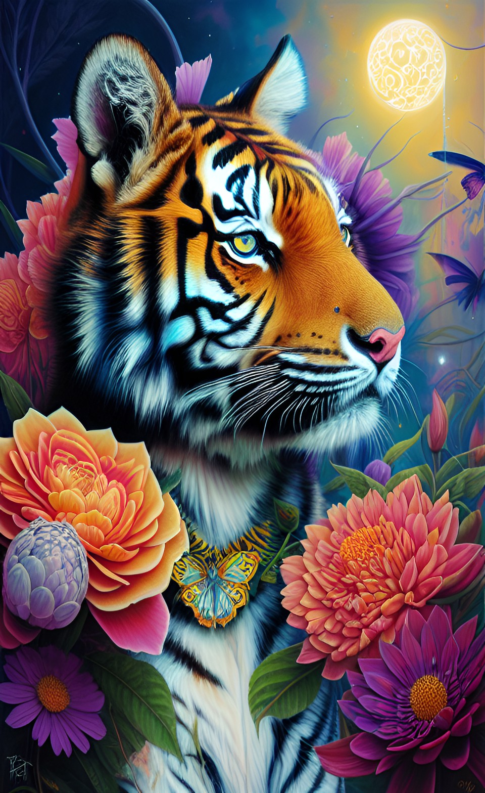 tiger golden fur blue eyes flowers preview