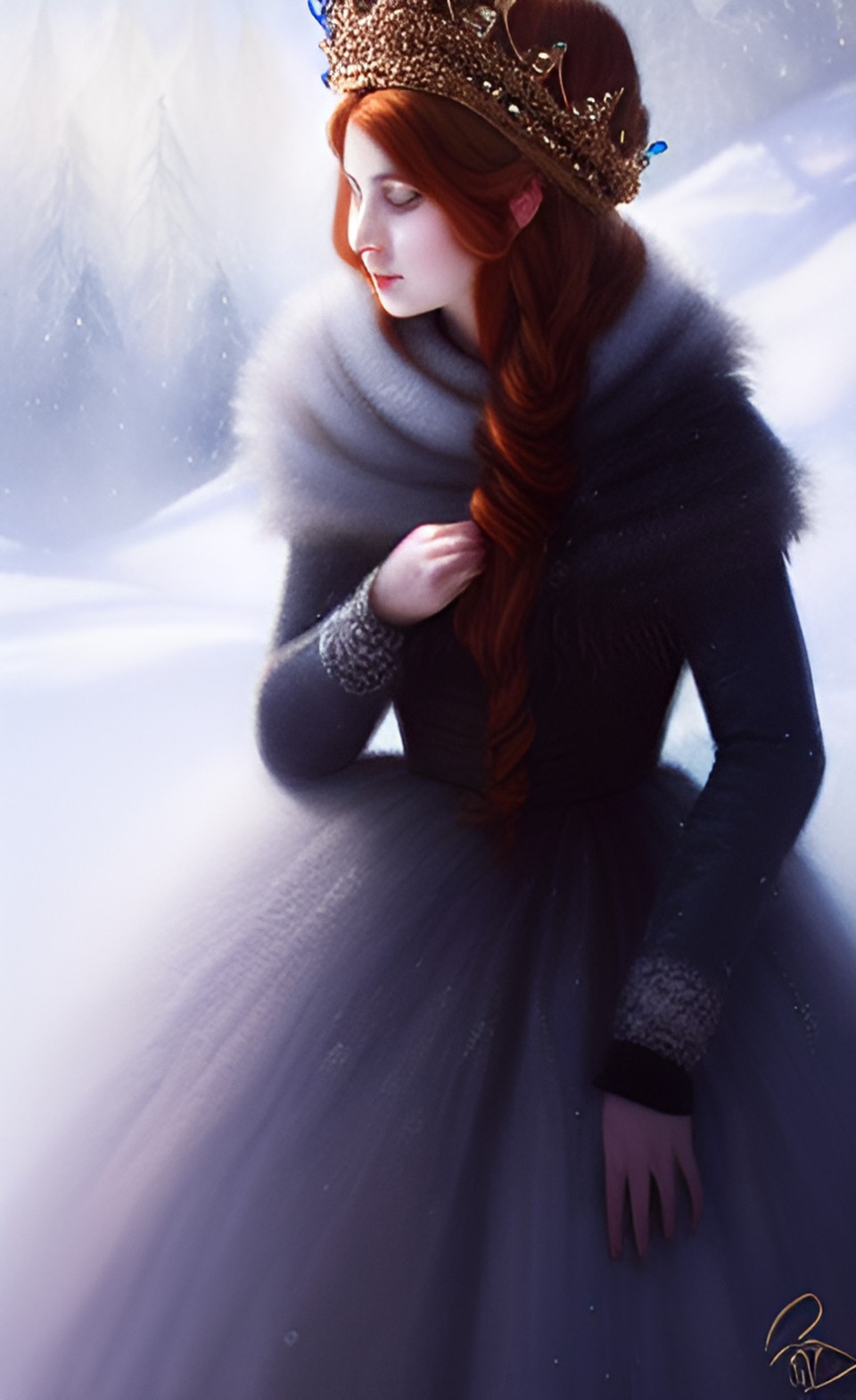 portrait of a woman with auburn hair, wearing a crown made of ice, dark gradient backdrop preview