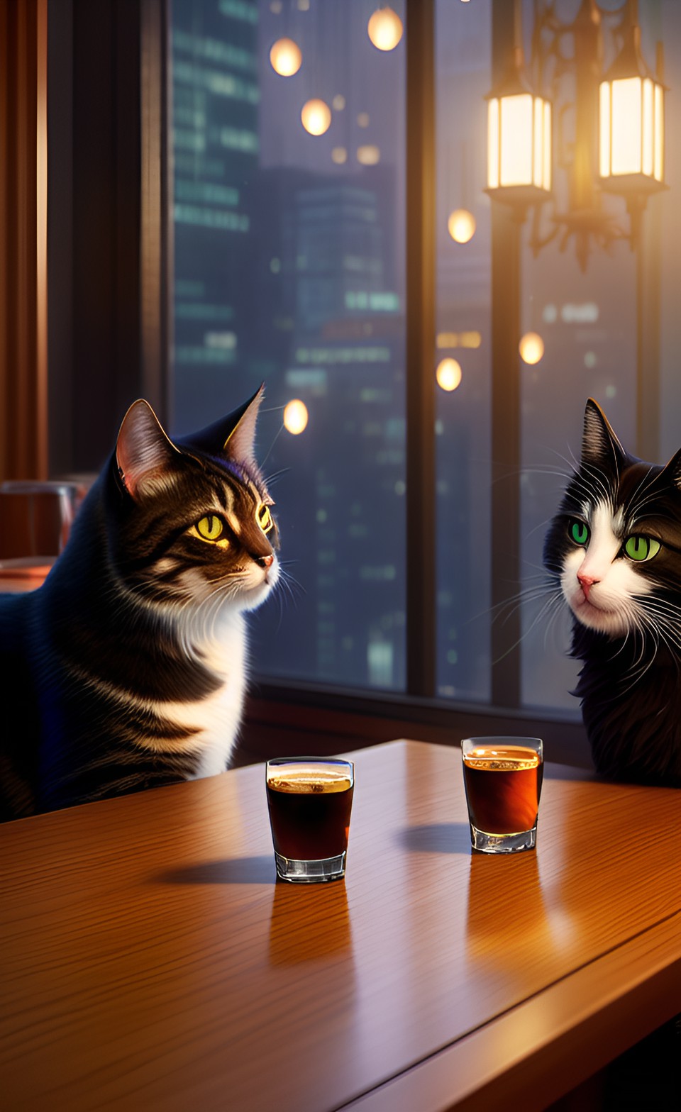 two cats planning a corporate takeover during happy hour at an upscale bar preview